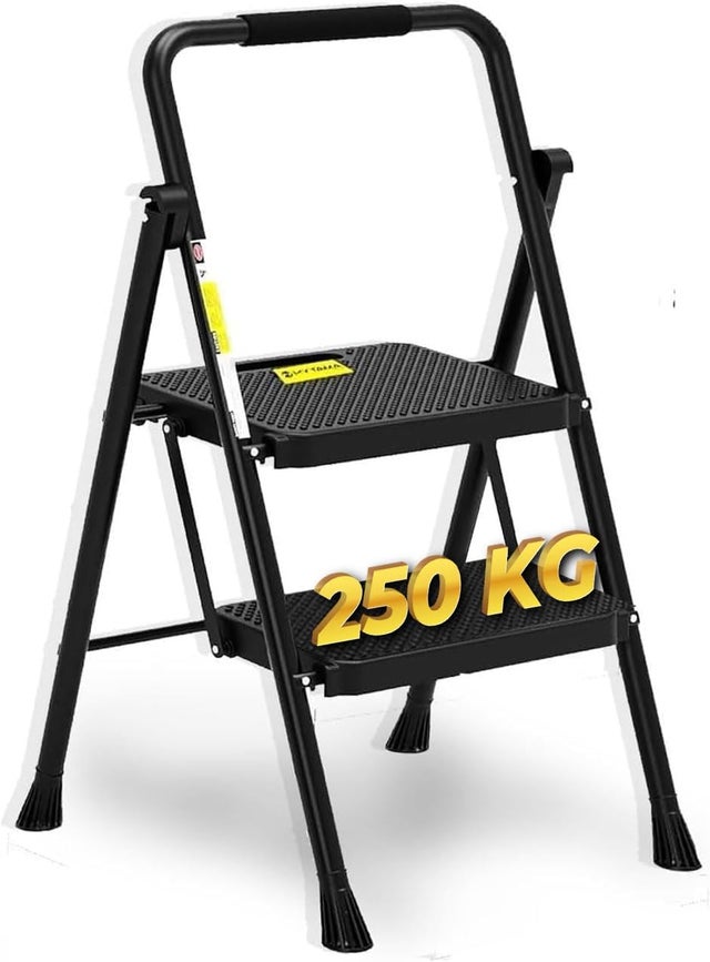 Scala Scaletta Sgabello Pieghevole BLACK MAX Salvaspazio con Gradini Antiscivolo e Impugnatura Soft in Gomma per Sicurezza Portata max150kg 2 GRADINI