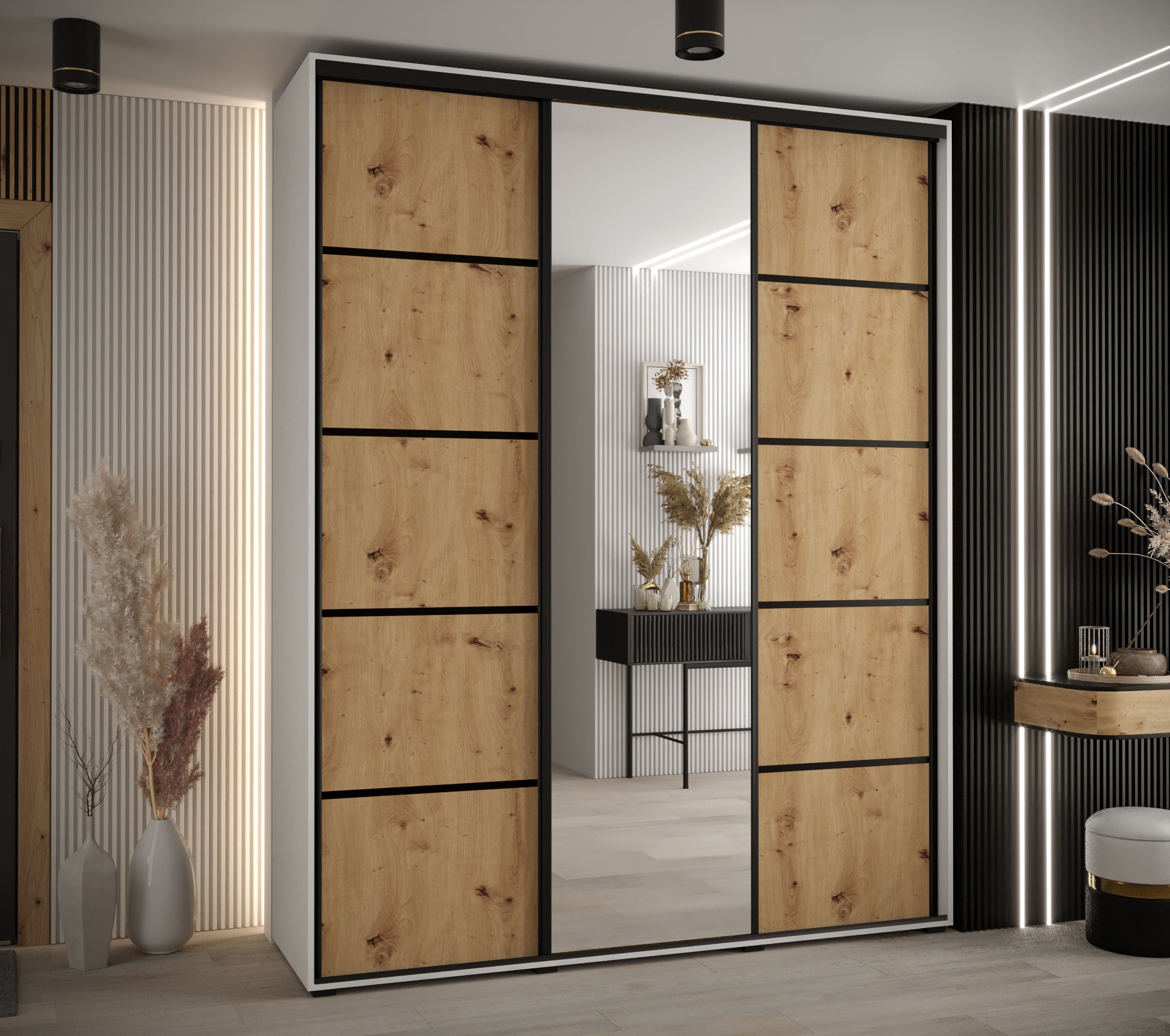 Szafa przesuwna z lustrem wysoka Davos 5 170 x 60 x 235,2 cm biały + artisan + u. czarny - Abiks Meble - 2