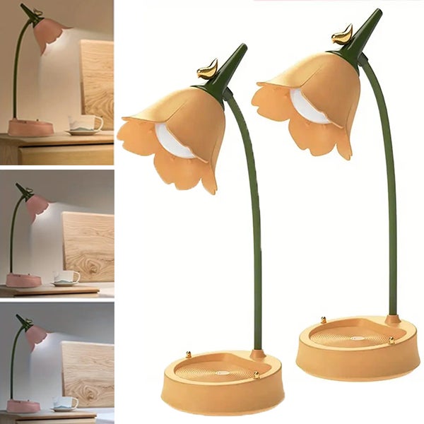 Lot De 2 Lampes De Table Décoratives En Bois Et Verre Avec Fleurs - Hauteur 30cm, Style Classique Années 60/70