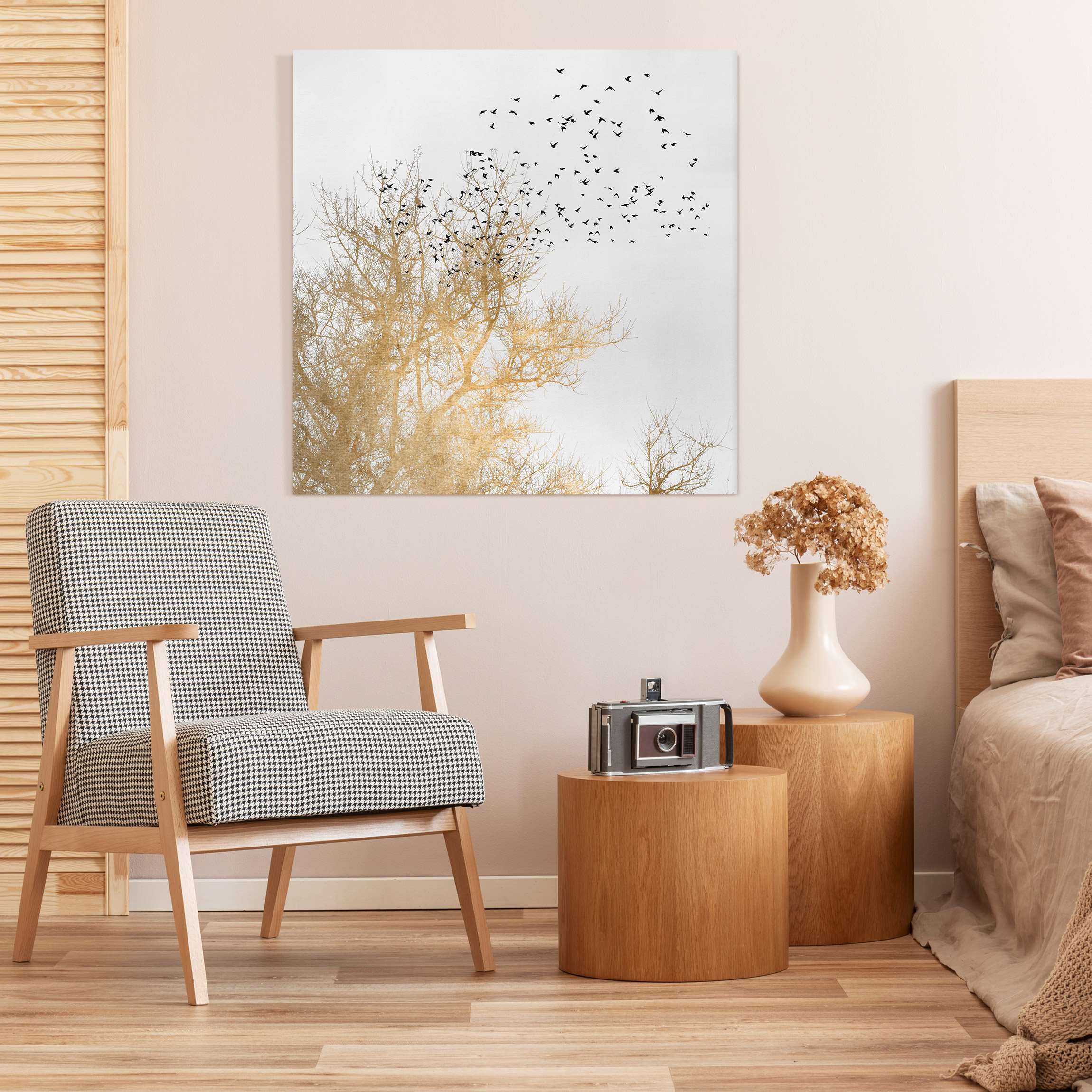 Impression sur toile tableau sur toile châssis doré arbres peinture oiseaux 39 cuisine chambre à coucher salon couloir 80 x 80 cm - 2