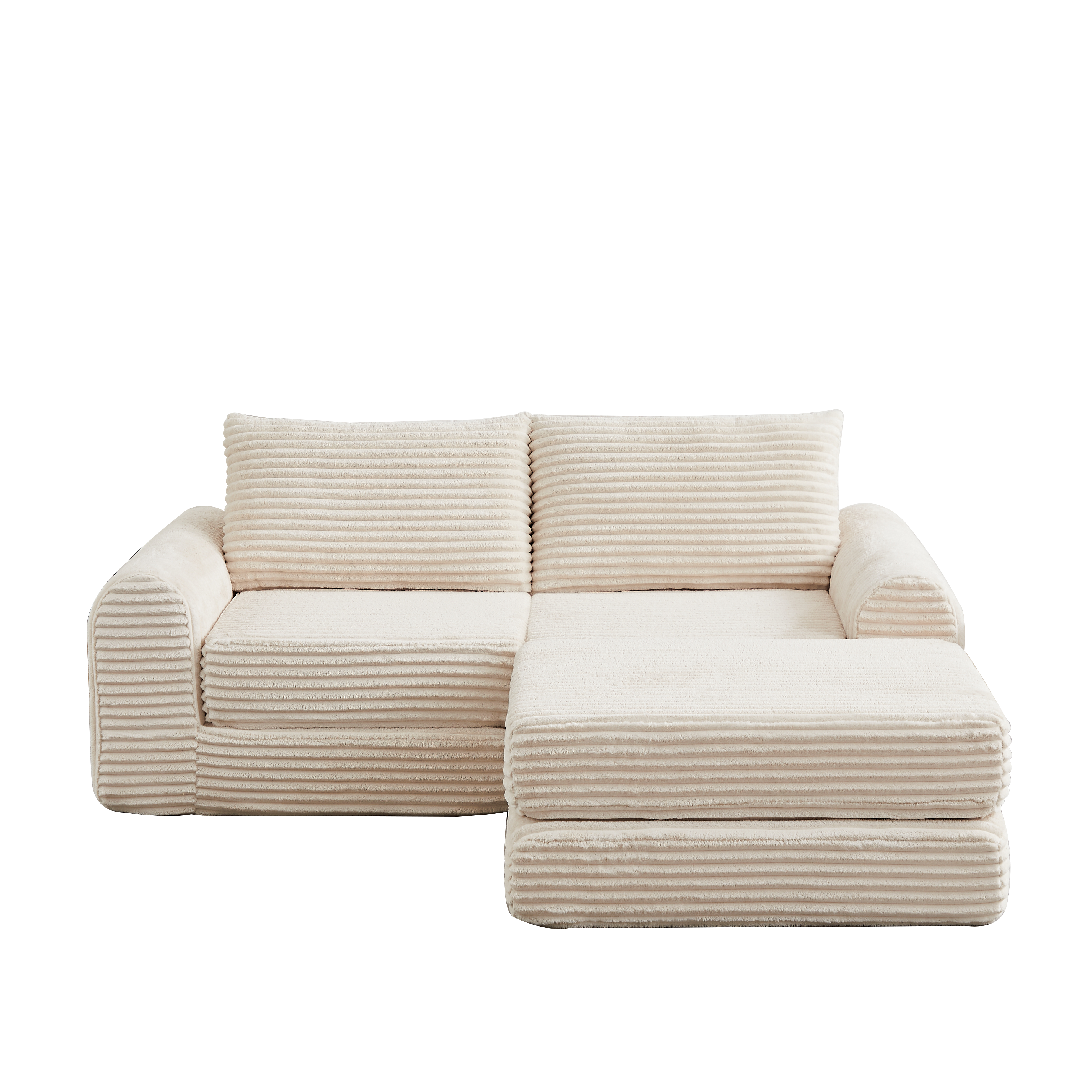 Canapé-lit velours côtelé 2-en-1, deux oreillers, accoudoirs incurvés stylés, repose-pieds amovible, modulaire flexible., Beige - 2