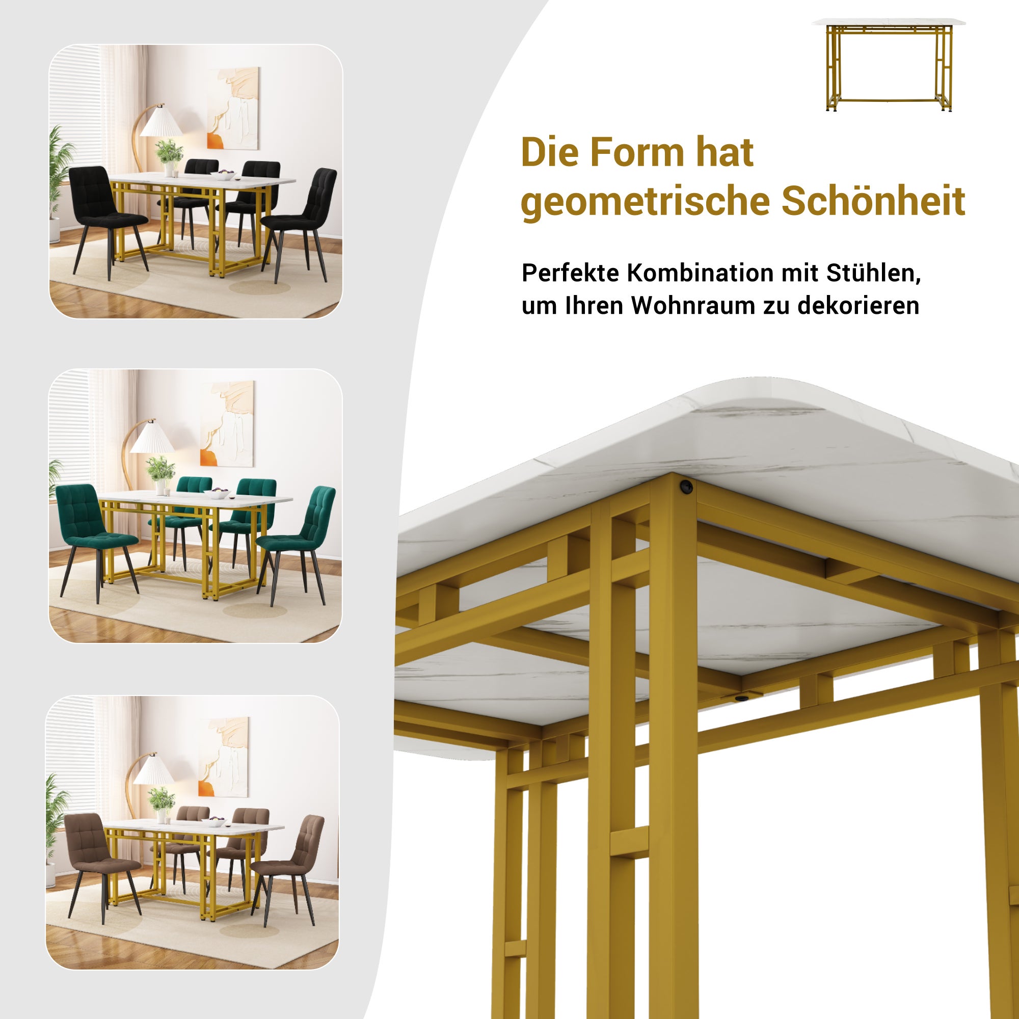 Mesa de comedor para 4 a 6 cubiertos con diseño de mármol - MDF + patas de metal dorado - blanca - 8