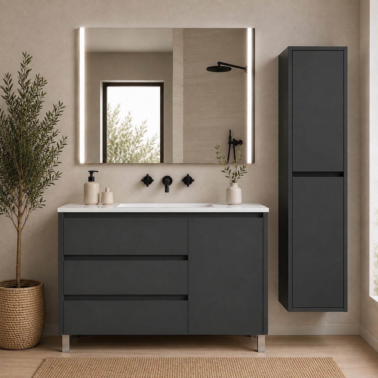 Mobilier de baie con 3 cajones, puerta y lavabo ORIGENBATH VOLUM fără oglindă 120x45 cm grafito cu coloană
