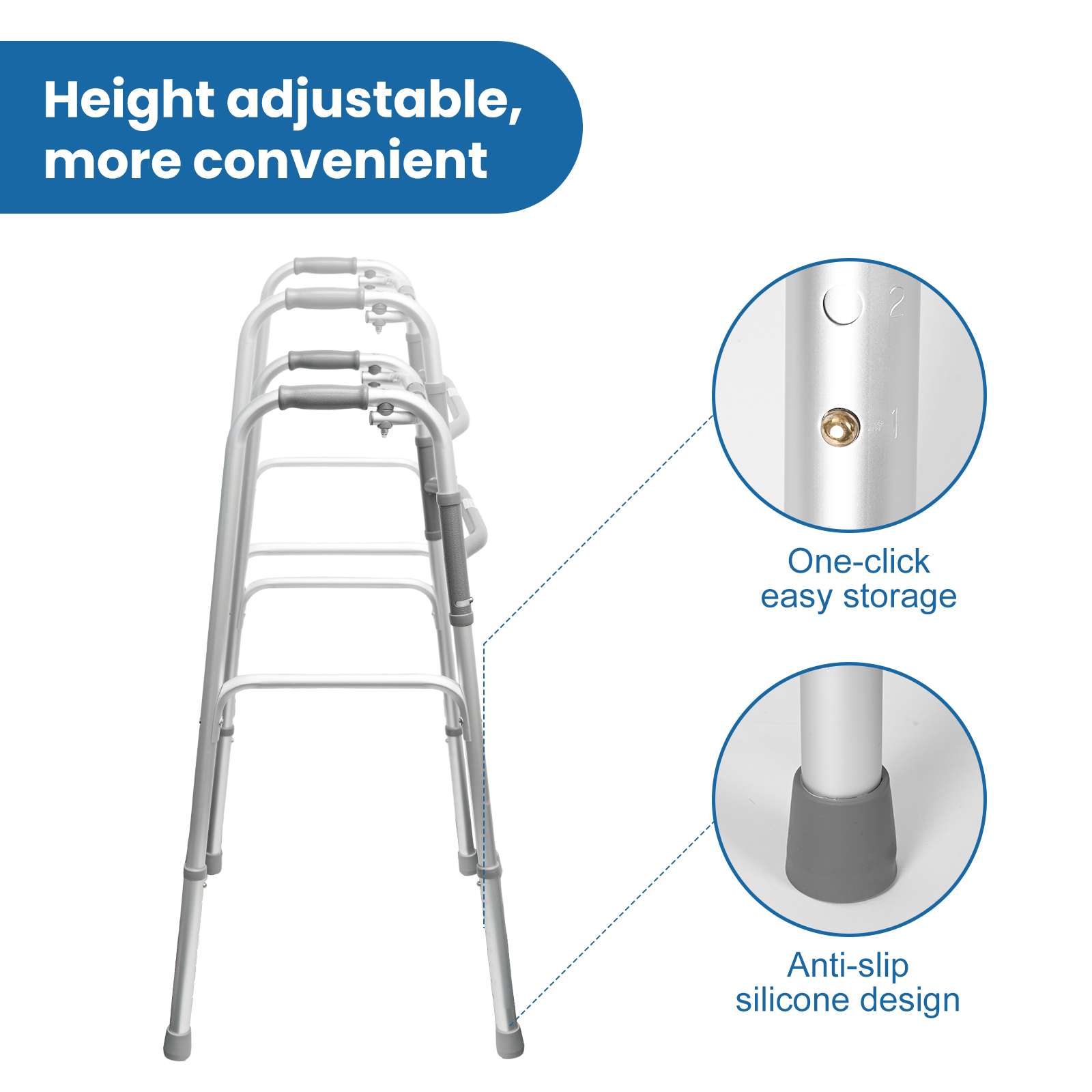 Déambulateur pliable léger à hauteur réglable, design antidérapant et charge 100 kg pour marche sécurisée - 3