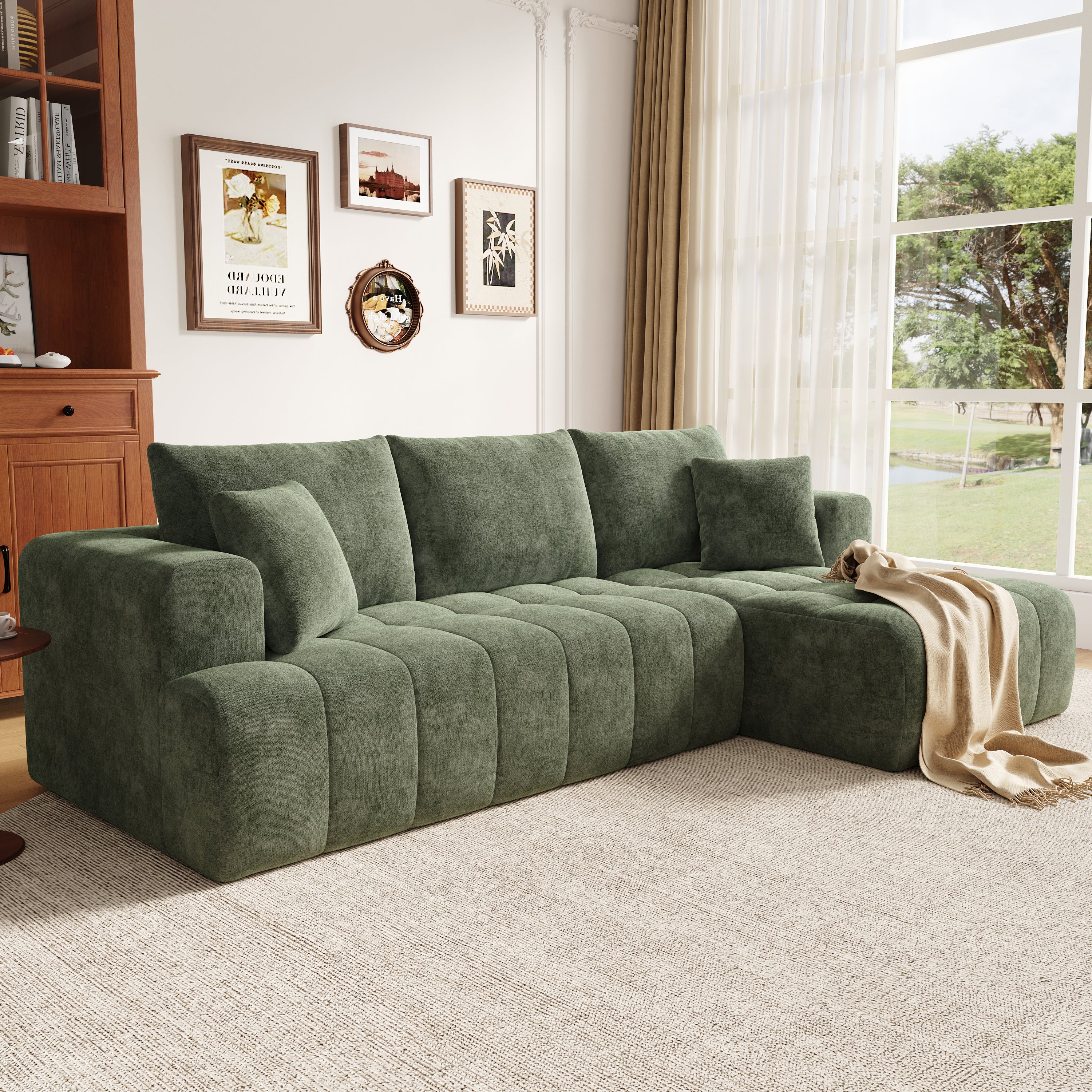 Canapé d'angle modulaire en L 244.5x136x79cm, canapé nuage, tissu chenille confortable, combinable librement,sans montage, vert - 3