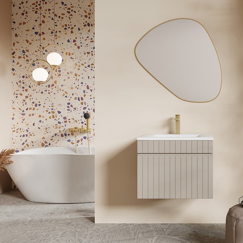 Wisząca szafka łazienkowa prążkowana beżowa z umywalką podblatową do zabudowy – 60 cm – SATARA