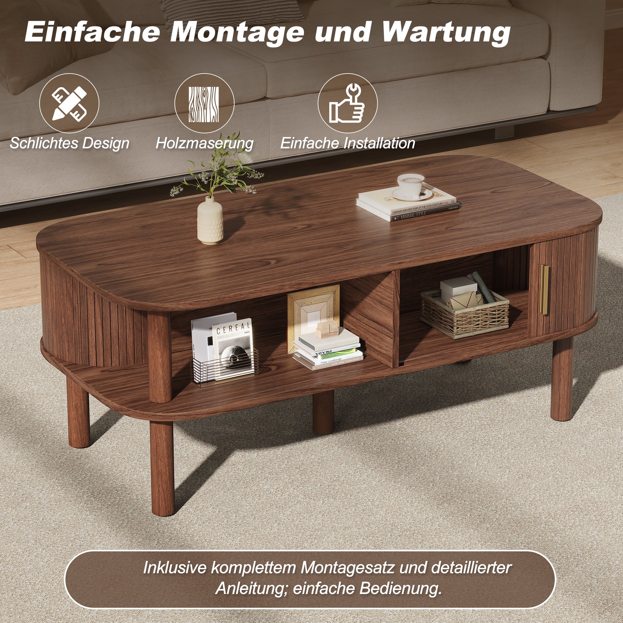 Table basse avec 2 portes enroulables, rangement double niveau et bords arrondis - MDF/bois - 110 x 55 x 45 cm - Noyer - 6