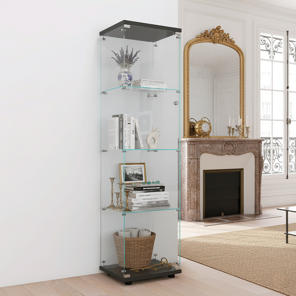 Vitrine en Verre Trempé Blanc - 4 étagères - Socle inclus - 1 porte ...