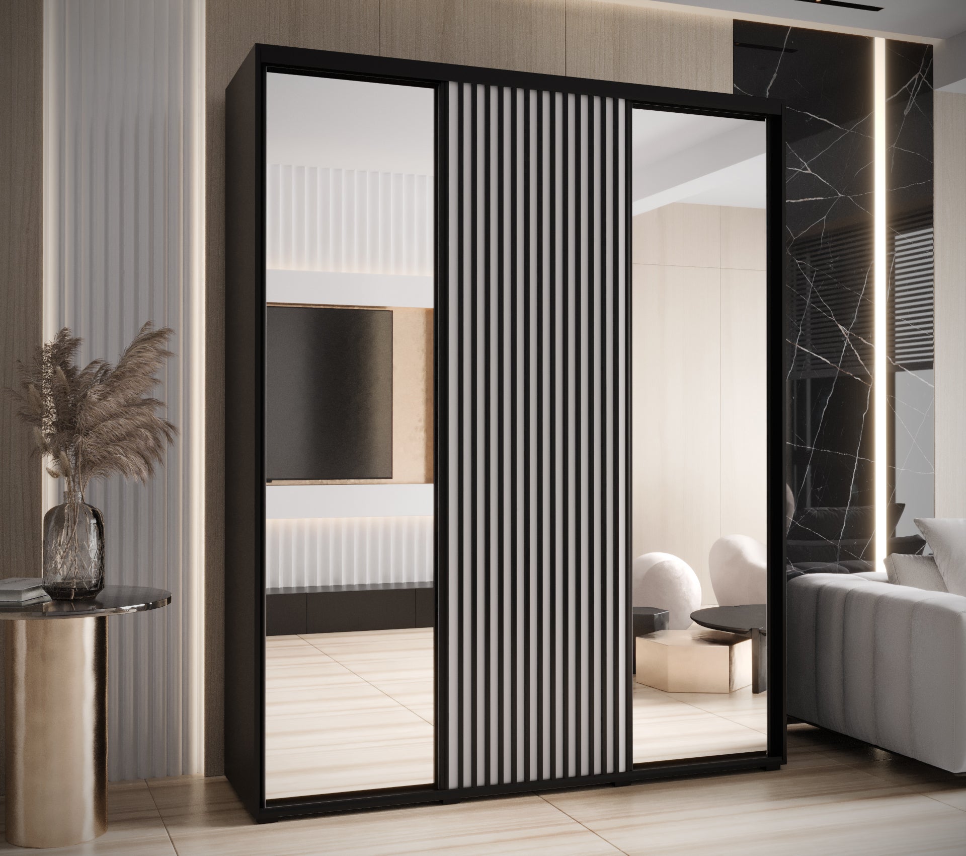 Szafa przesuwna z lustrem wysoka Lanko 2 190 x 60 x 235,2 cm czarny + biały + lamele czarny - Abiks Meble - 2