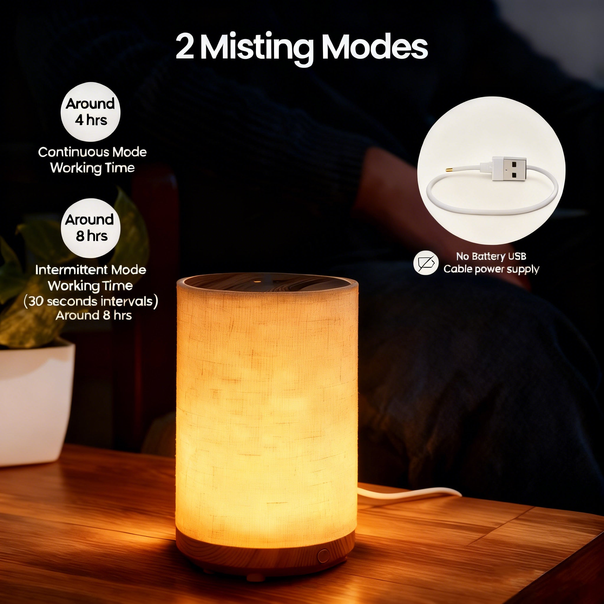 1pc Difusor Aromaterapia Ultrasónico 80ml, Luz Cálida, Diseño Madera & Tela, Niebla 4H Continua/8H Intermitente, Apagado Automático - 5