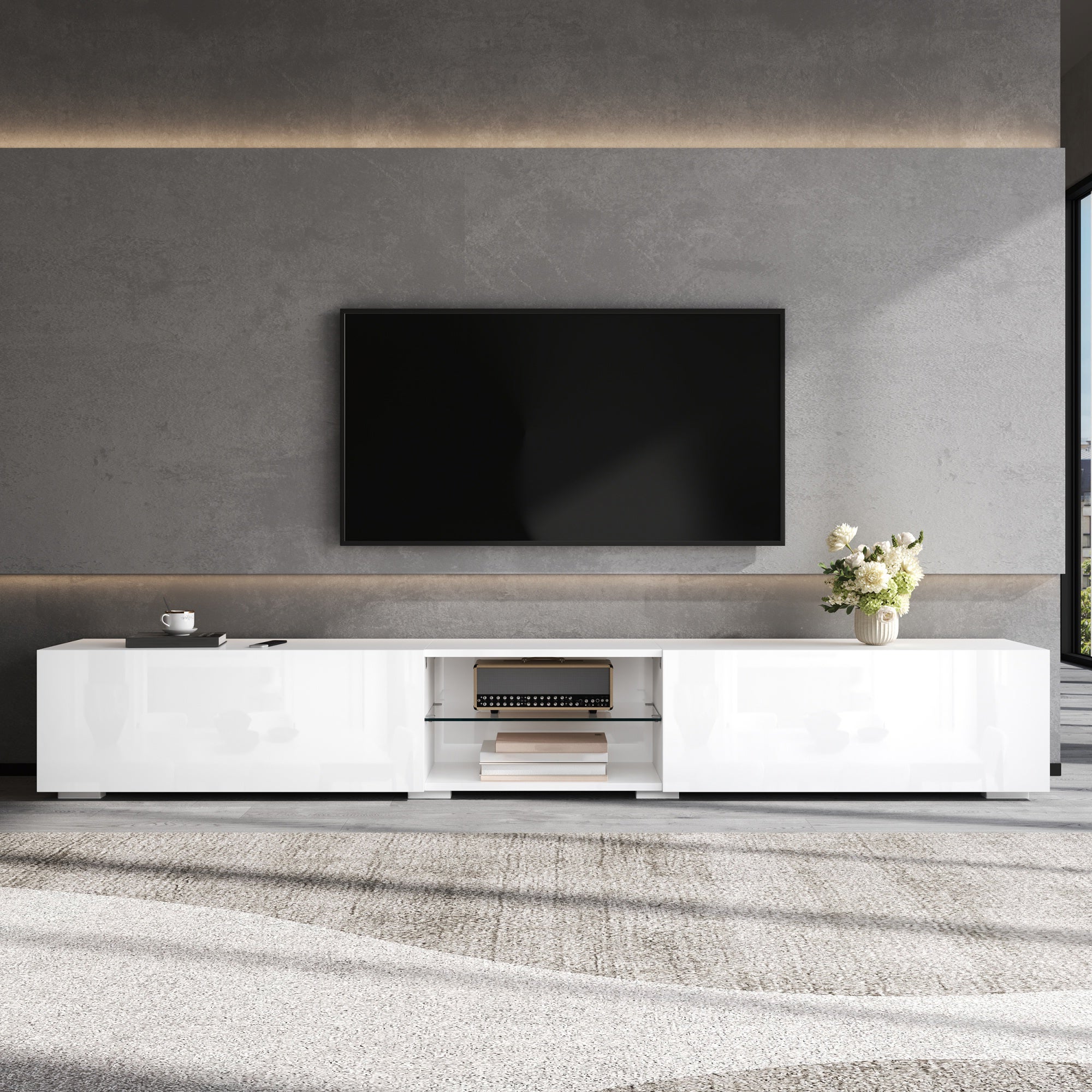 Szafka RTV 200 cm z 2 lakierowanymi drzwiami, oświetleniem LED i szklaną półką - Płyta wiórowa + MDF - 200 x 30 x 30 cm - Biała - 8