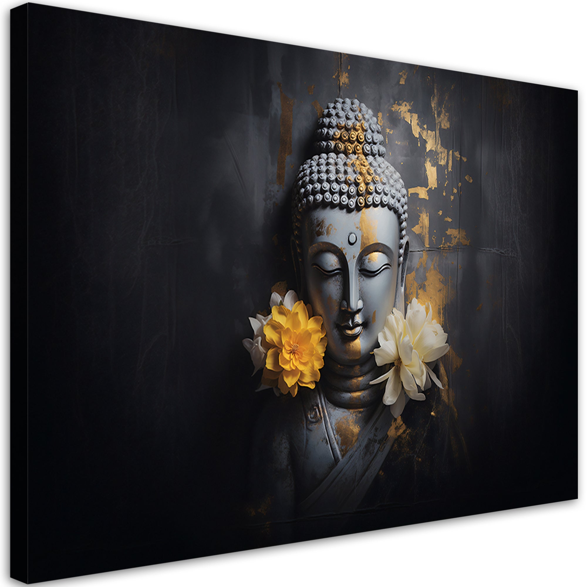 Obraz na płótnie, Szary budda i kwiaty 100x70