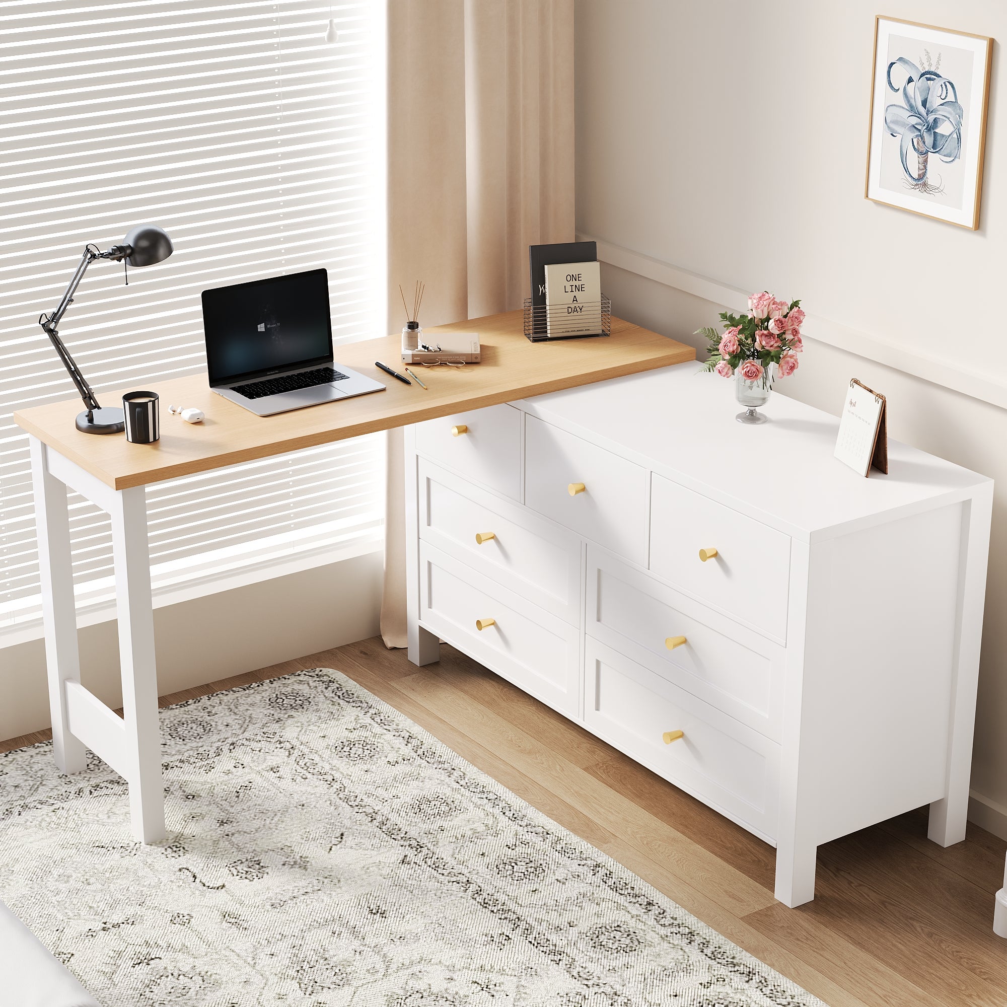 Bureau d'angle avec 7 tiroirs et plateau pivotant, coiffeuse - 120 x 40 x 70 cm - Panneau de particules - Blanc et chêne - 2