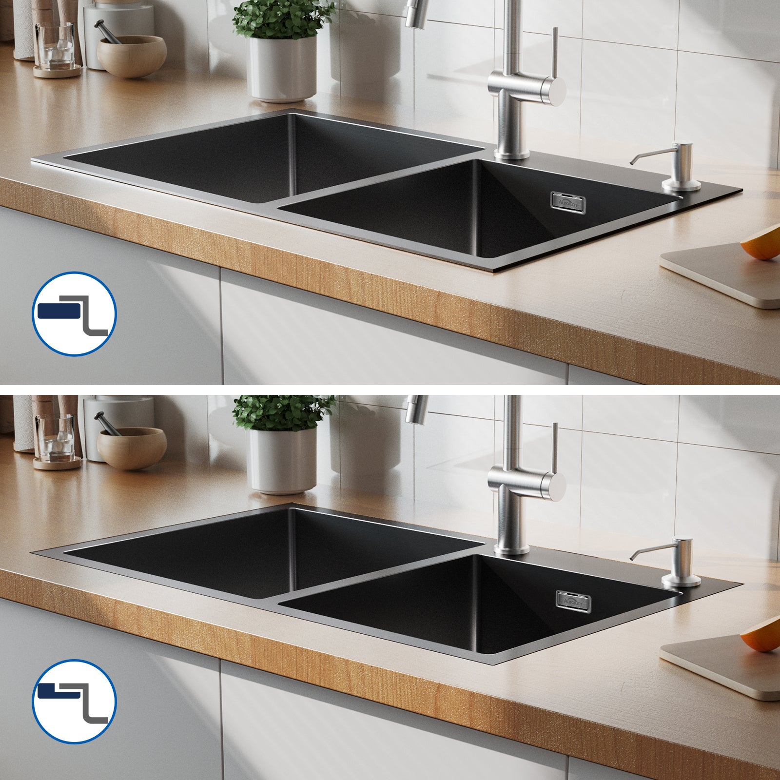 AuraLum Max Évier à Encastré/à Poser 2 Bacs avec Distrubuteur de savon/Ensemble de drainage,Évier 75x45x19cm Inoxydable pour Cuisine,Noir,EU Modèle - 4