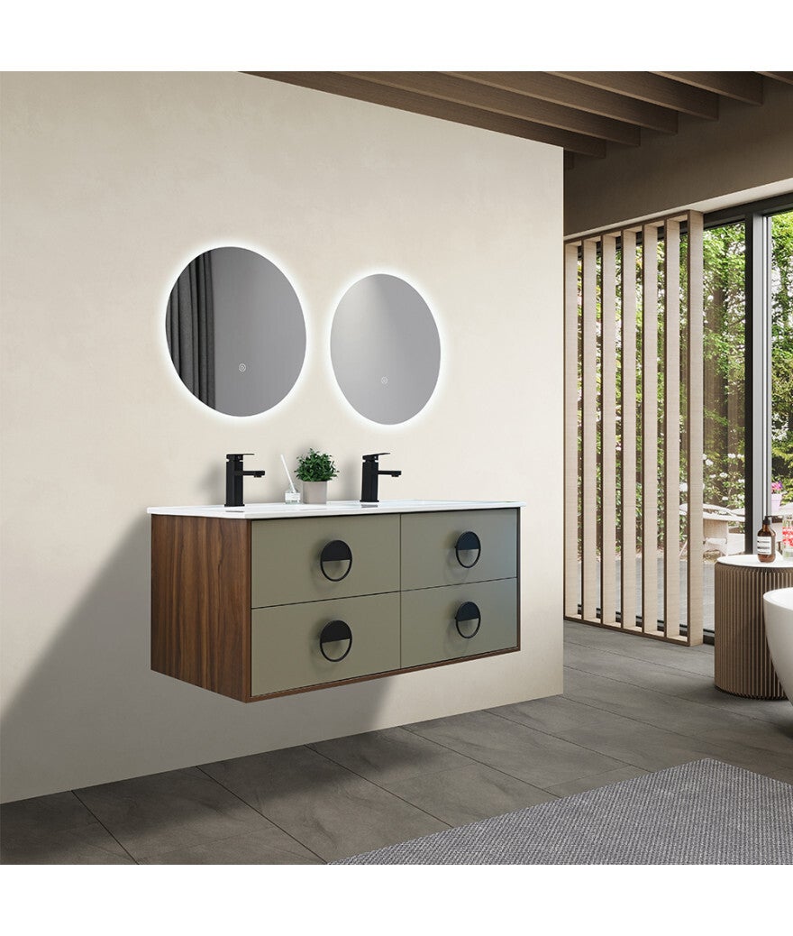AICA Ensemble Meuble Salle De Bain Chêne Wotan 120cm Avec Colonne Double Vasque Et Led Miroir Dimmable Avec 3 Couleurs Bluetooth Et 3x Grossissement