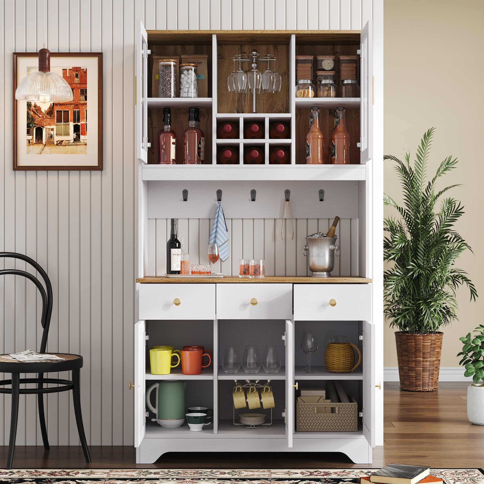 Komoda kuchenna z 5 drzwiami i 3 szufladami, regał wiszący do jadalni - 94,5 x 30 x 175,5 cm - MDF - Kolor naturalny i drewna - 6