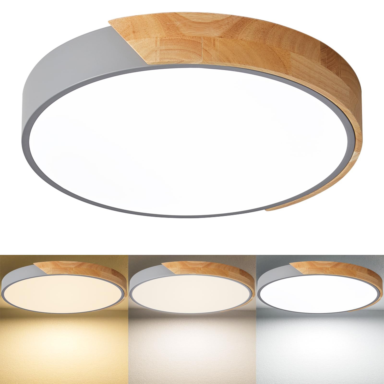 Lampa sufitowa LED drewniana lampa sufitowa montażu wpuszczanego trójkolorowa regulacja natężenia światła szara odpowiednia salonu sypialni korytarza