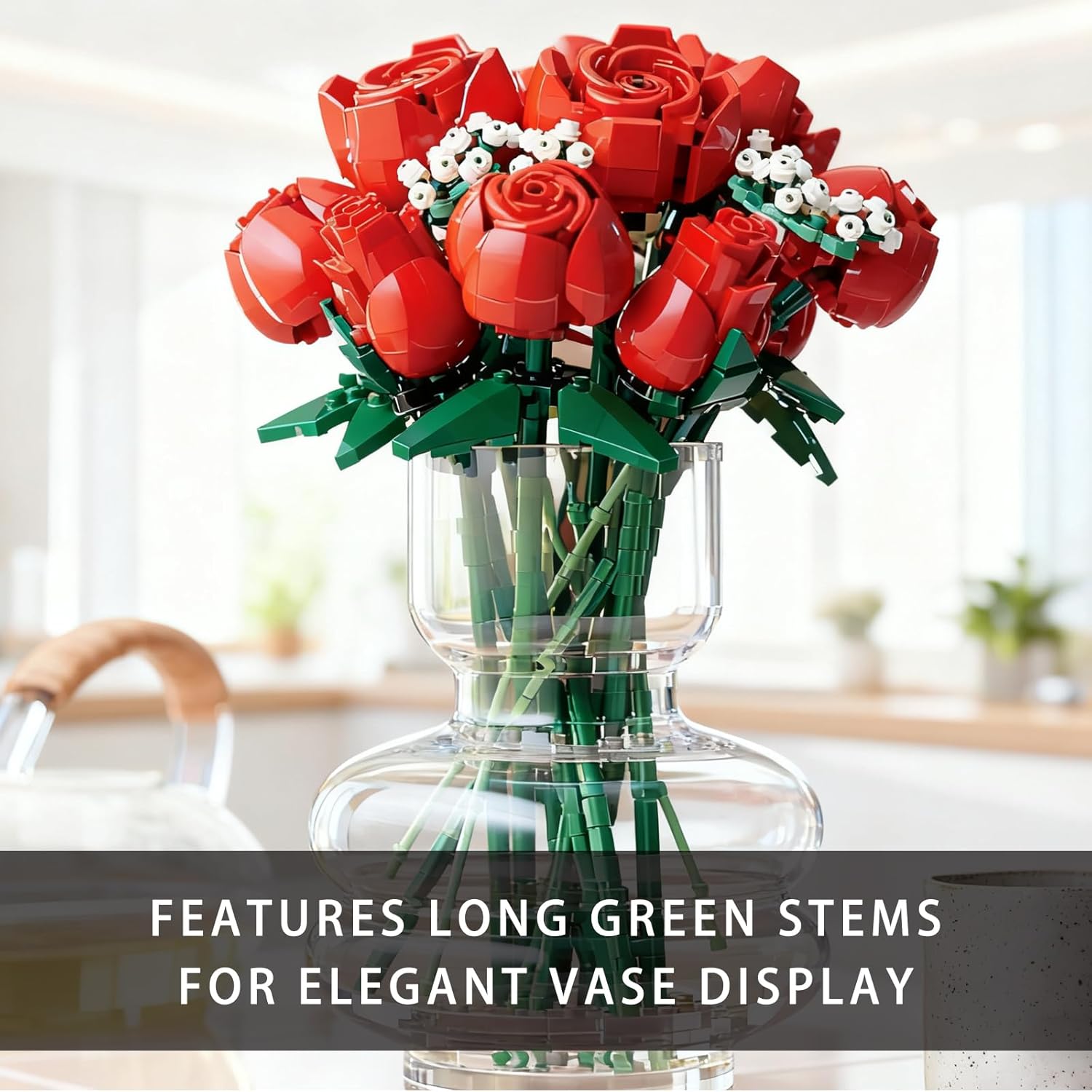 Ensemble de construction de roses rouges artificielles, idéal pour la décoration intérieure, la Saint-Valentin, Thanksgiving. - 5