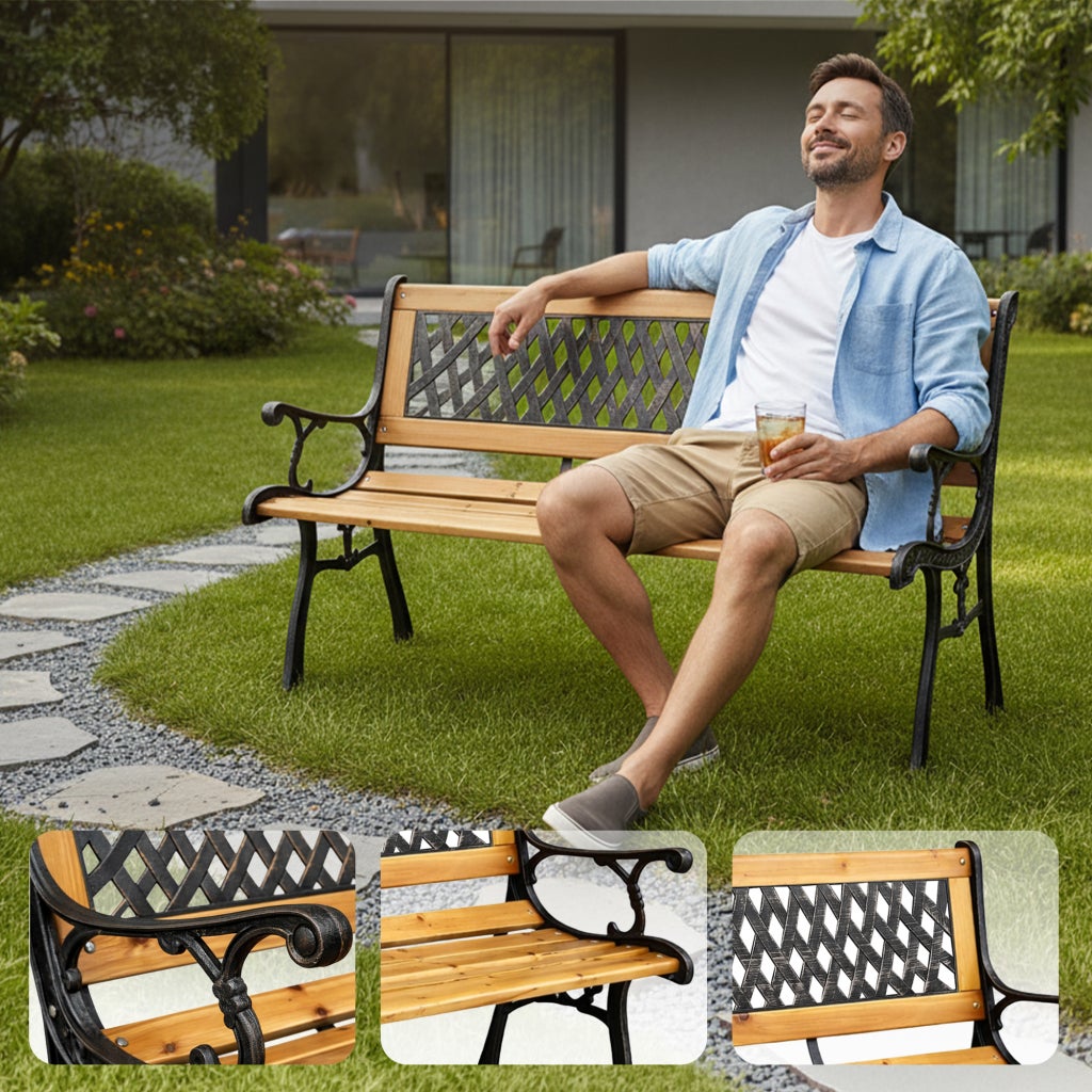 Banc de Jardin Noir MIRT avec Bois laqué et Pieds en fonte, Largeur 127 cm - 4