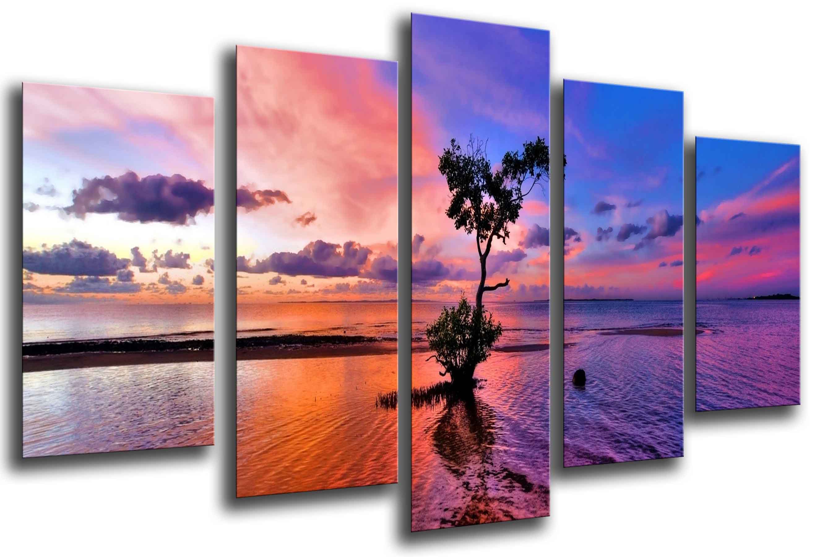 Paisaje arbol en el mar atardecer, impresión fotográfica sobre madera, cuadro moderno decorativo
