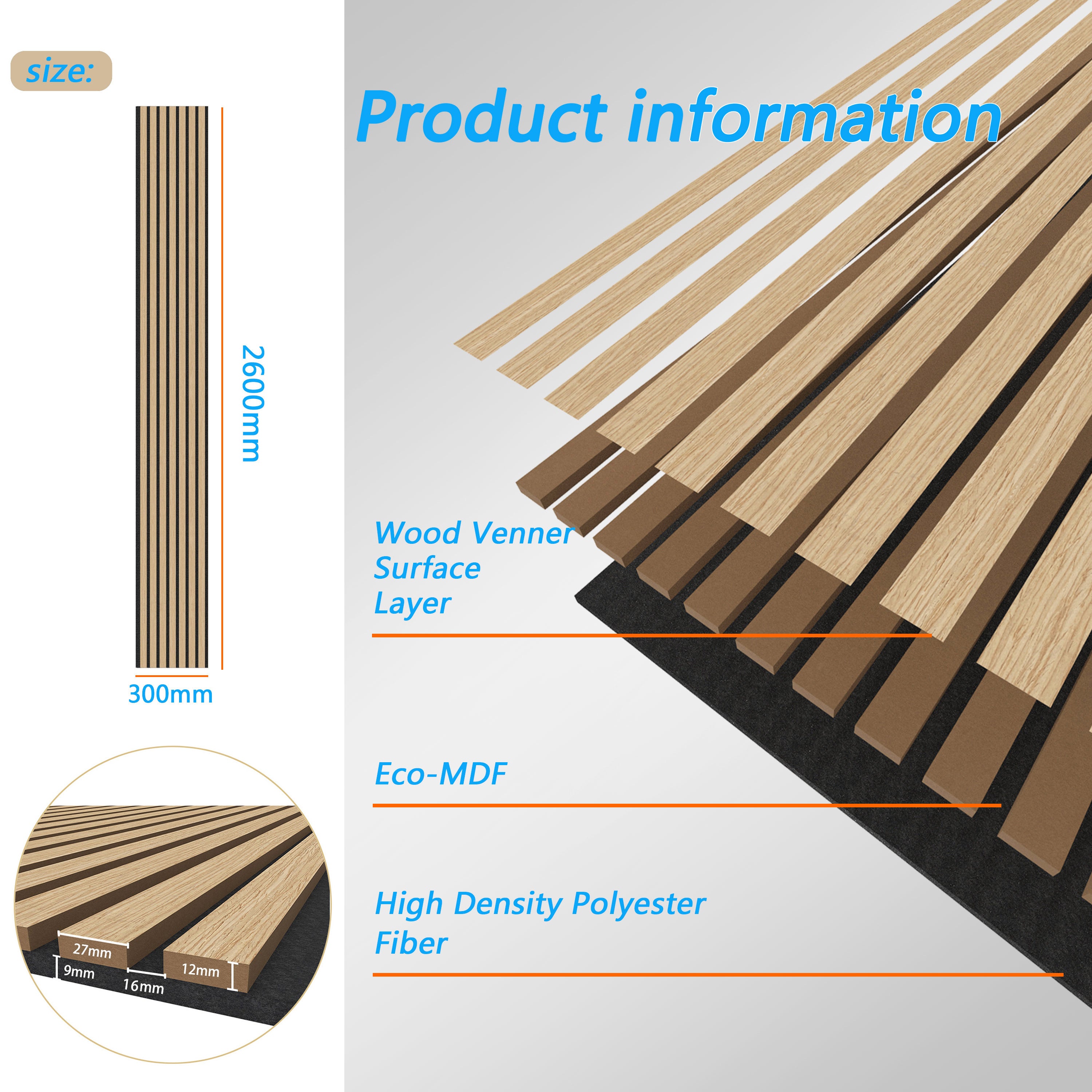 Lot de 2 panneaux muraux acoustiques décoratifs en bois MDF 260 x 30 cm, finition chêne clair, excellente isolation acoustique, installation simple - 3