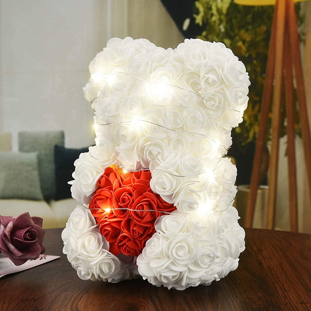 Ours en Roses Blanc avec Cœur Rouge, Ours de Fleurs LED 25cm, Cadeau Romantique pour Elle, Anniversaire, Fiançailles, avec Boîte & Carte, Fait Main - 2
