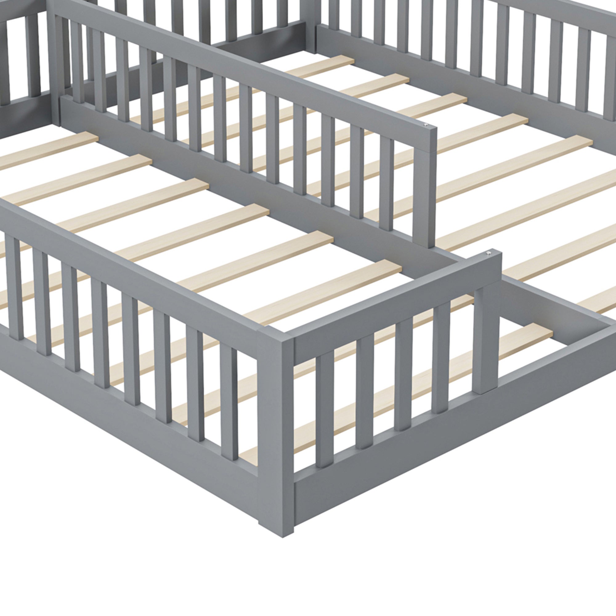 Montessori Lit de sol 90 x 200 cm avec barrières de sécurit, lit d'enfant 2 place, lit en bois avec sommier à lattes, gris (sans matelas) - 5