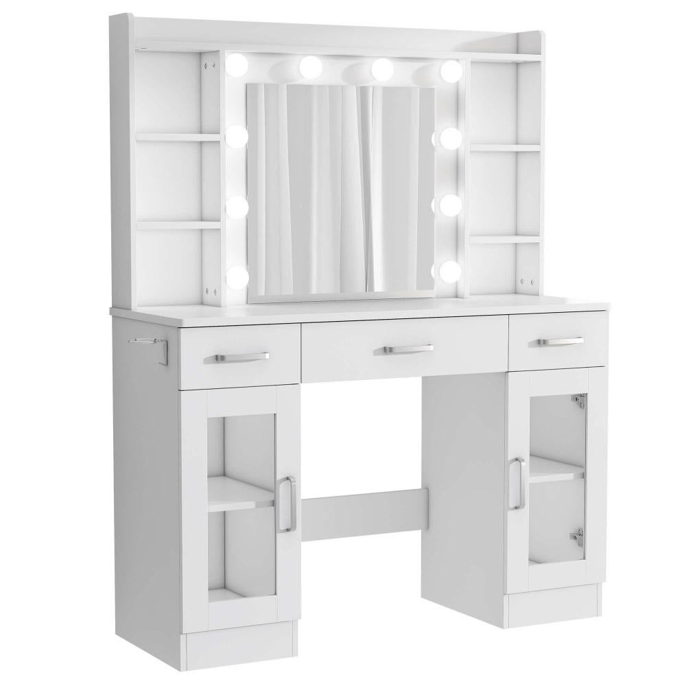 Coiffeuse blanche 110×40×145 cm avec miroir LED 10 lumières, hocker et support sèche-cheveux inclus - 7