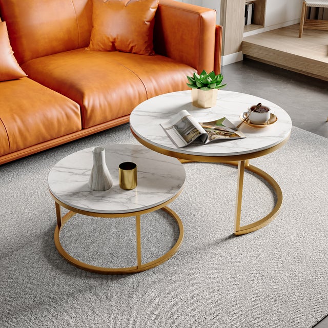 Lot de 2 Tables Basses Gigognes, Table d'appoint Ronde avec Plateau en Marbre Texturé et Cadre en Métal, Bout de canapé pour Salon, Chambre, Doré