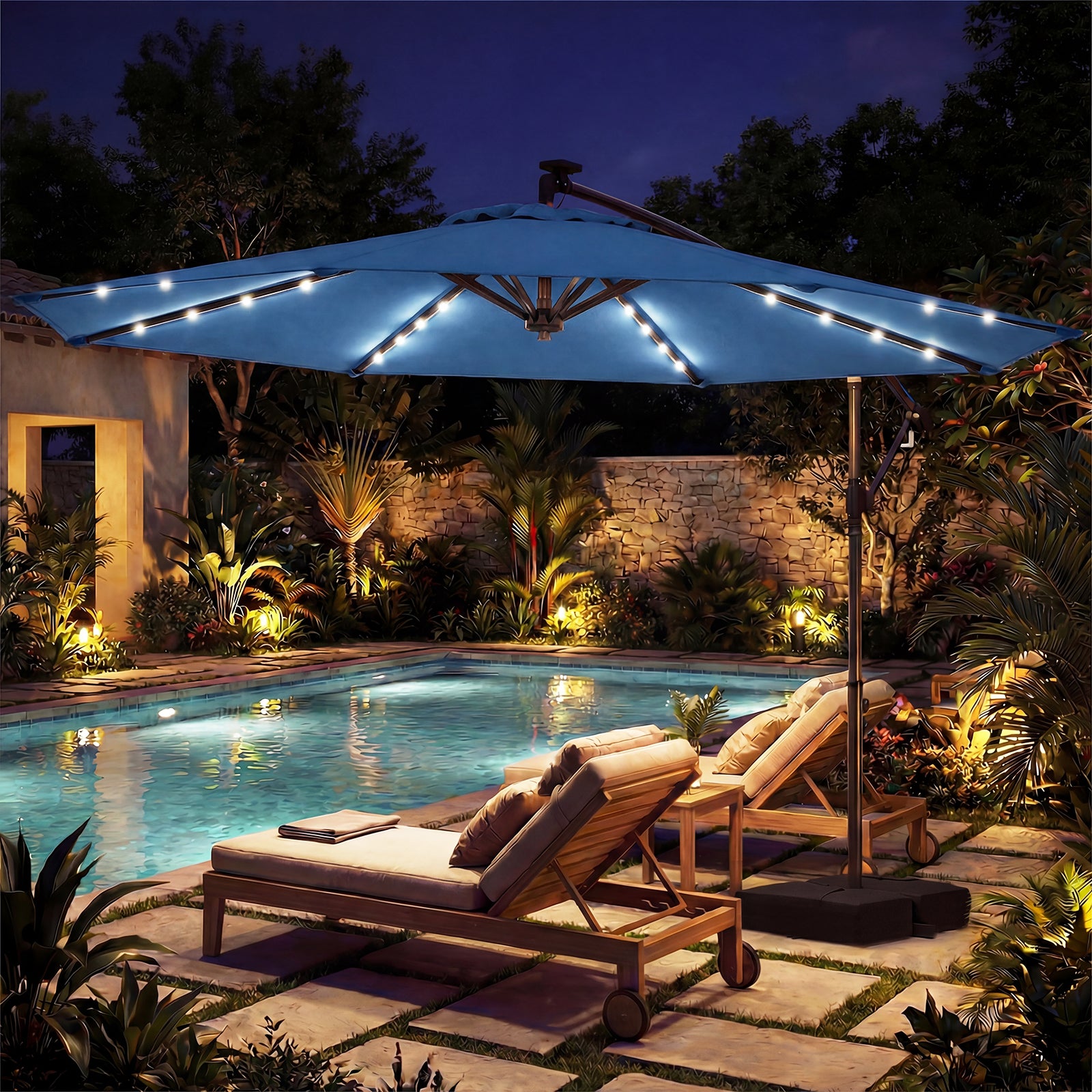Parasol Déporté 3 x 3M, Parasol de Jardin Extérieur avec Lumière Solaire, Rotation 360°, 8 Baleines en Métal, Toit de Ventilation, 2 Sacs, Bleu - 2
