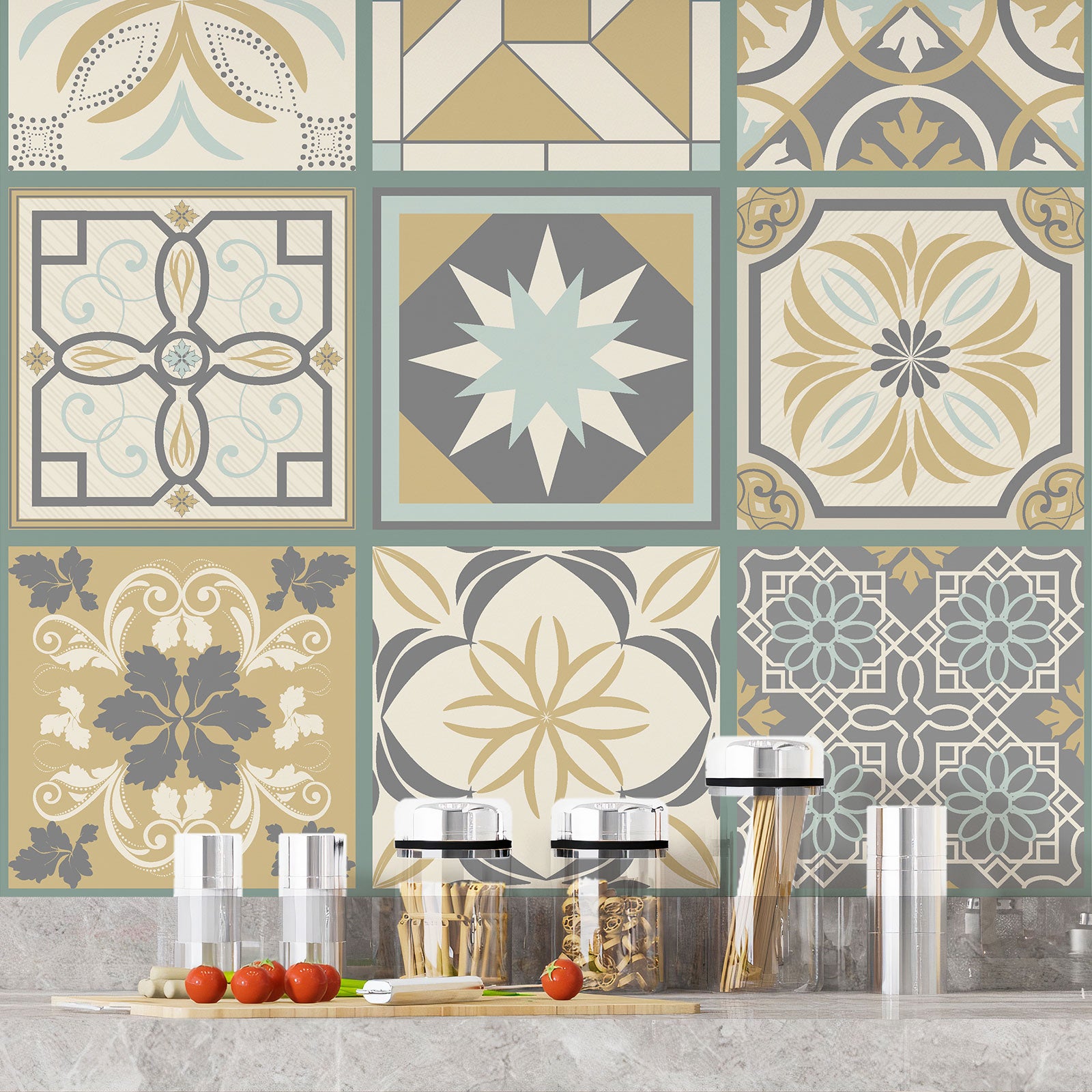 Crédence adhésive sticker décoratif pour cuisine - Effet carreaux de ciment - Adhésif MAT - 60x60 cm - 4