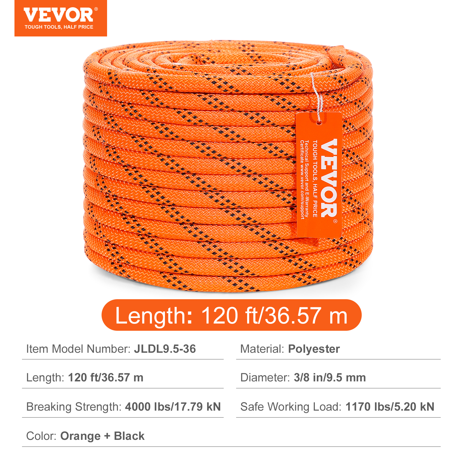 Corde en polyester double tressé,VEVOR 9,5mm x 36,57 m,corde d'escalade en plein air,48 brins,résistance à la rupture de 17,79 kN,pour randonnée, - 7