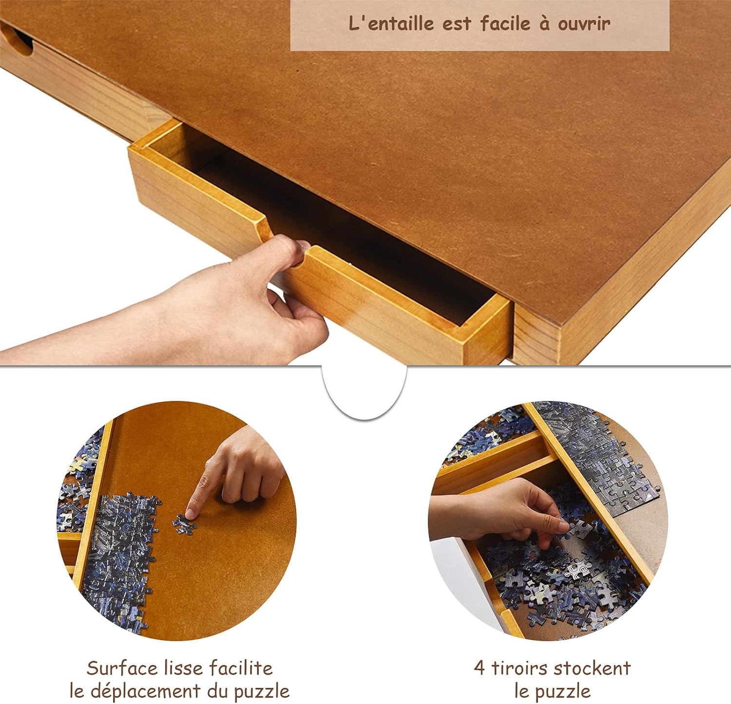 Puzzle Table en Bois avec 4 Tiroirs pour Stockage, Plateau Puzzle Board Jeu de Societe Equipe Panneaux Lateraux, Tableau de Puzzle Transportable - 9