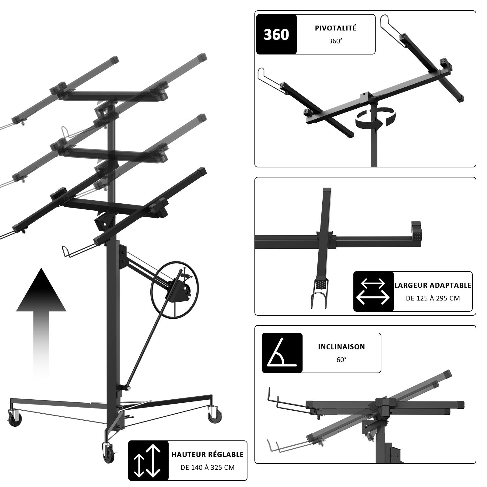 TEENO Grue à plaques de plâtre XXL – Charge maximale 68 kg, hauteur réglable 140–325 cm, couleur noire - 4