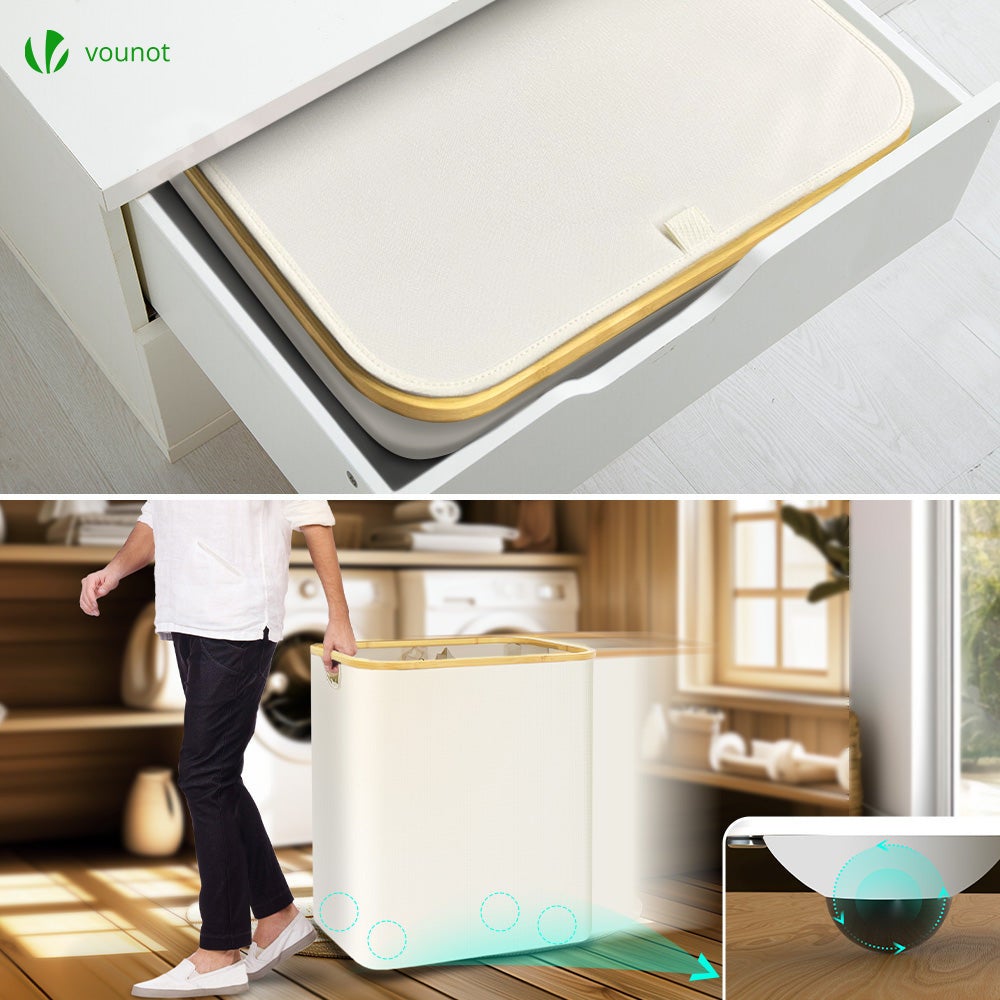 Panier à linge pliable avec roulettes 145L - avec 2 sac amovible et couvercle - cadre en bambou - beige - VOUNOT® - 7