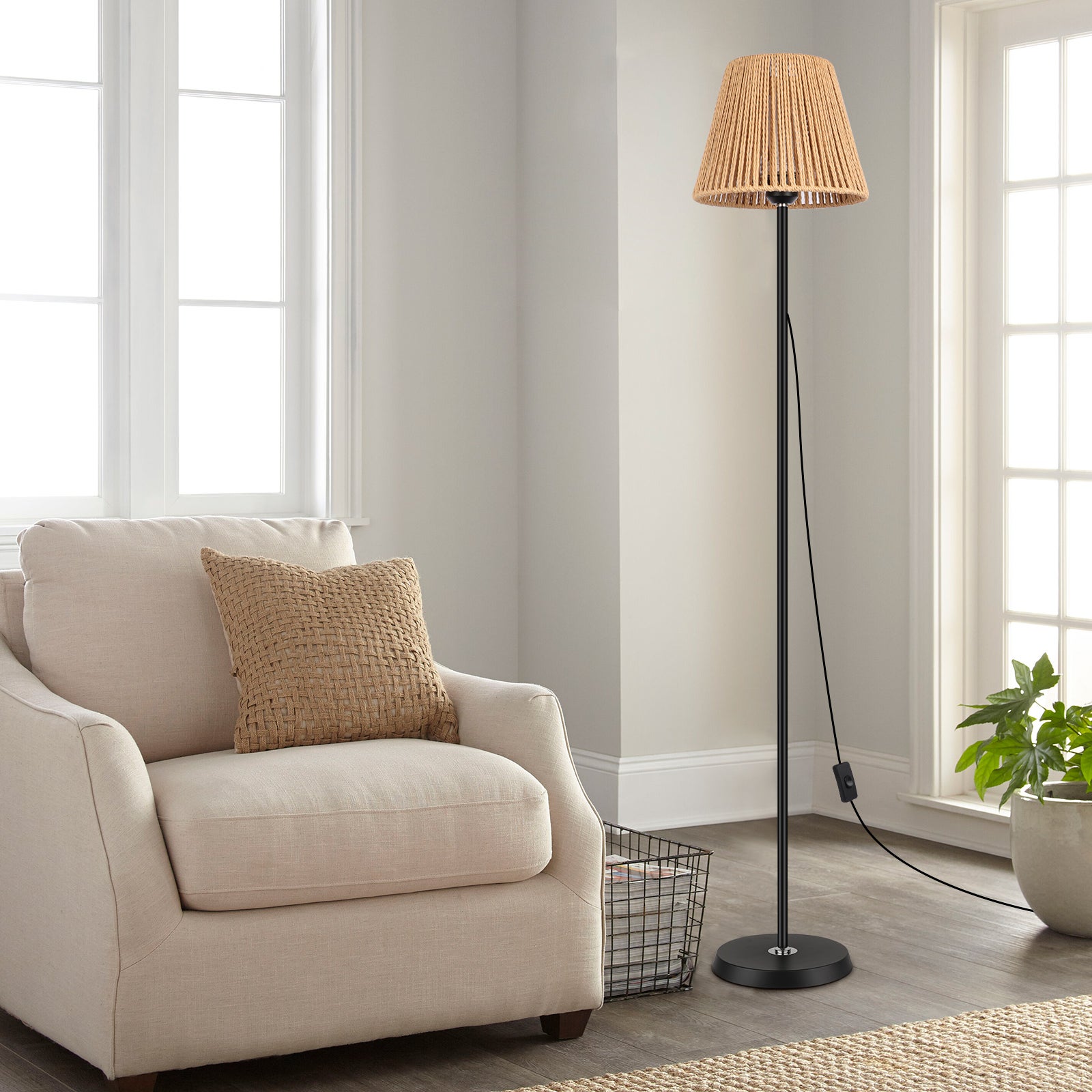 LOVHAUS Zestaw 2 szt. Lampa Podłogowa Z Abażurem Z Plecionego Rotangu Z Włącznikiem/Wyłącznikiem - 22 x 170CM - 9