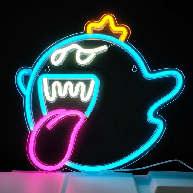 King Boo Le visage hanté Néon LED, Lampe Mario en acrylique pour salle de jeux Décorations murales, Cadeaux pour chambre de adolescents(Bleu Glace)