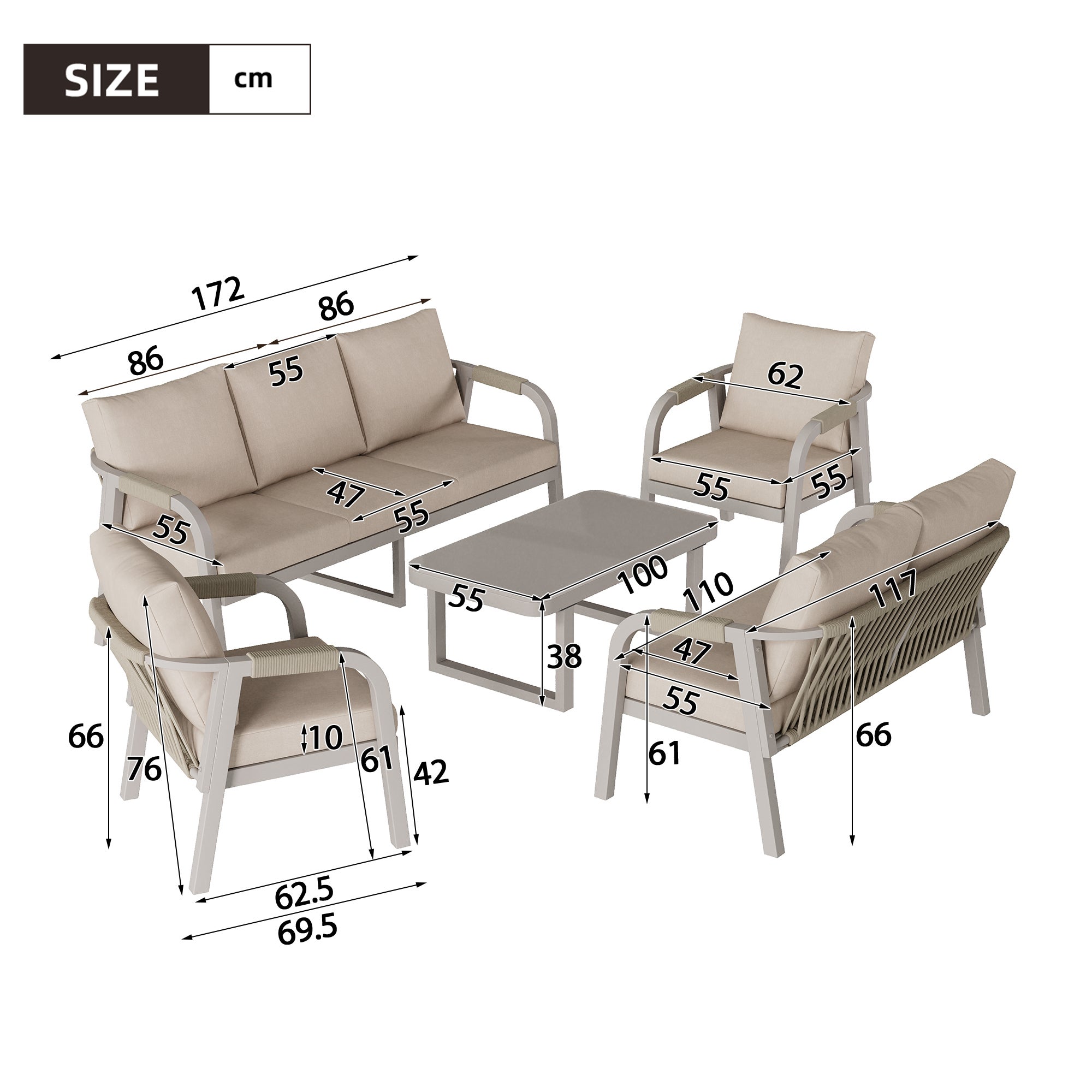Salon de jardin 7 places avec en fer galvanisé - Canapé 3 places + canapé 2 places + 2 fauteuils + table basse en verre - 172 x 69,5 x 76 cm - Beige - 5