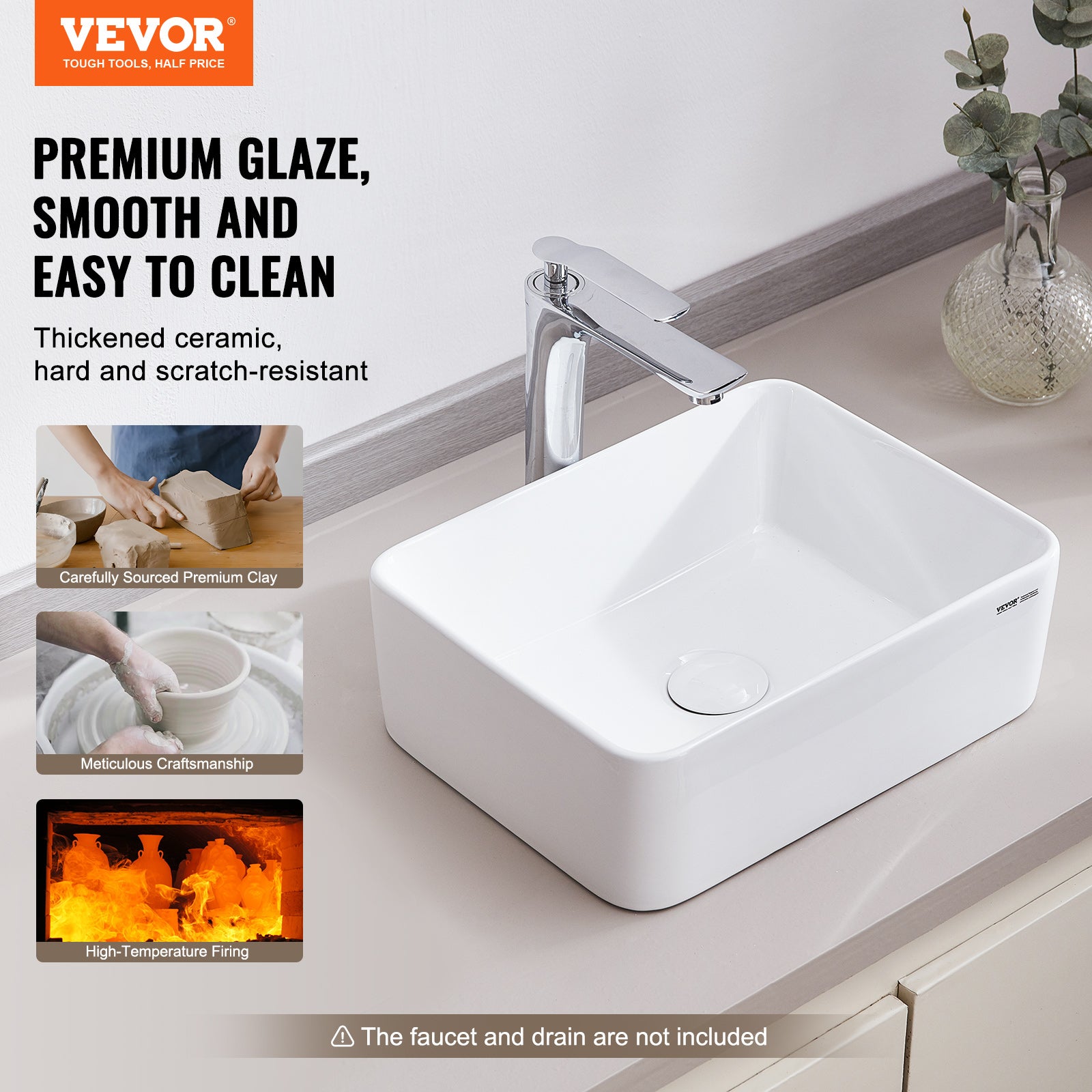 Lavabo rectangulaire 406x305 mm,VEVOR vasque à poser en céramique blanche,style contemporain,adapté aux salles de bains,hôtels,toilettes - 2