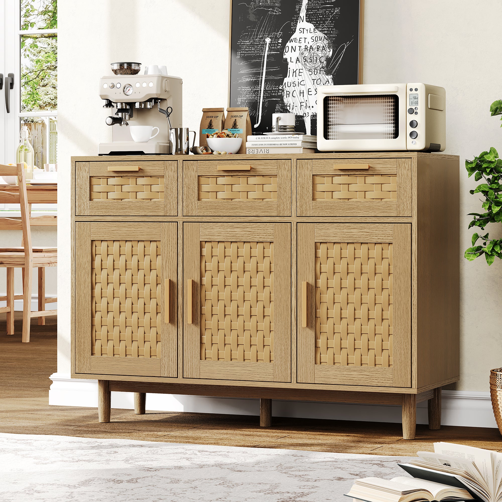 buffet, Meuble de rangement en rotin, meuble de cuisine à 3 tiroirs et 3 portes, commode, 108 x 40 x 80 cm, couleur chêne - 2