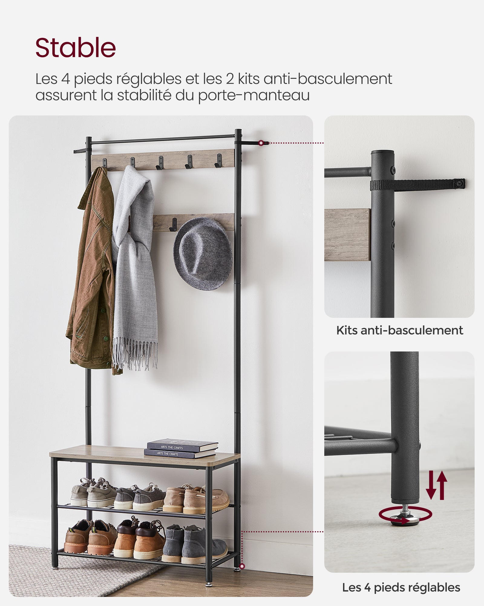 Vestiaire, Avec Étagères À Chaussures Et Crochets, 70 X 32 X 175 Cm, Grège Et Noir - 4