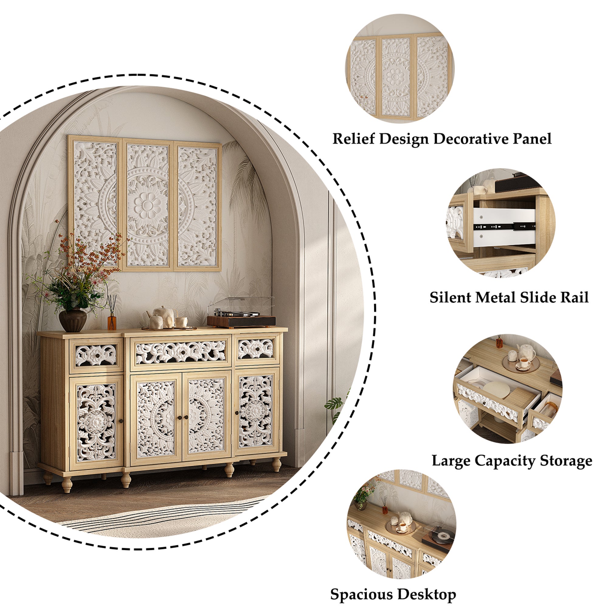 Buffet de Salon avec Décor Mural, 3 Tiroirs et 4 Portes avec Façade Sculptés et Ajourés, Chambre et Salon, 150x40x90, Blanc et Chêne - 4