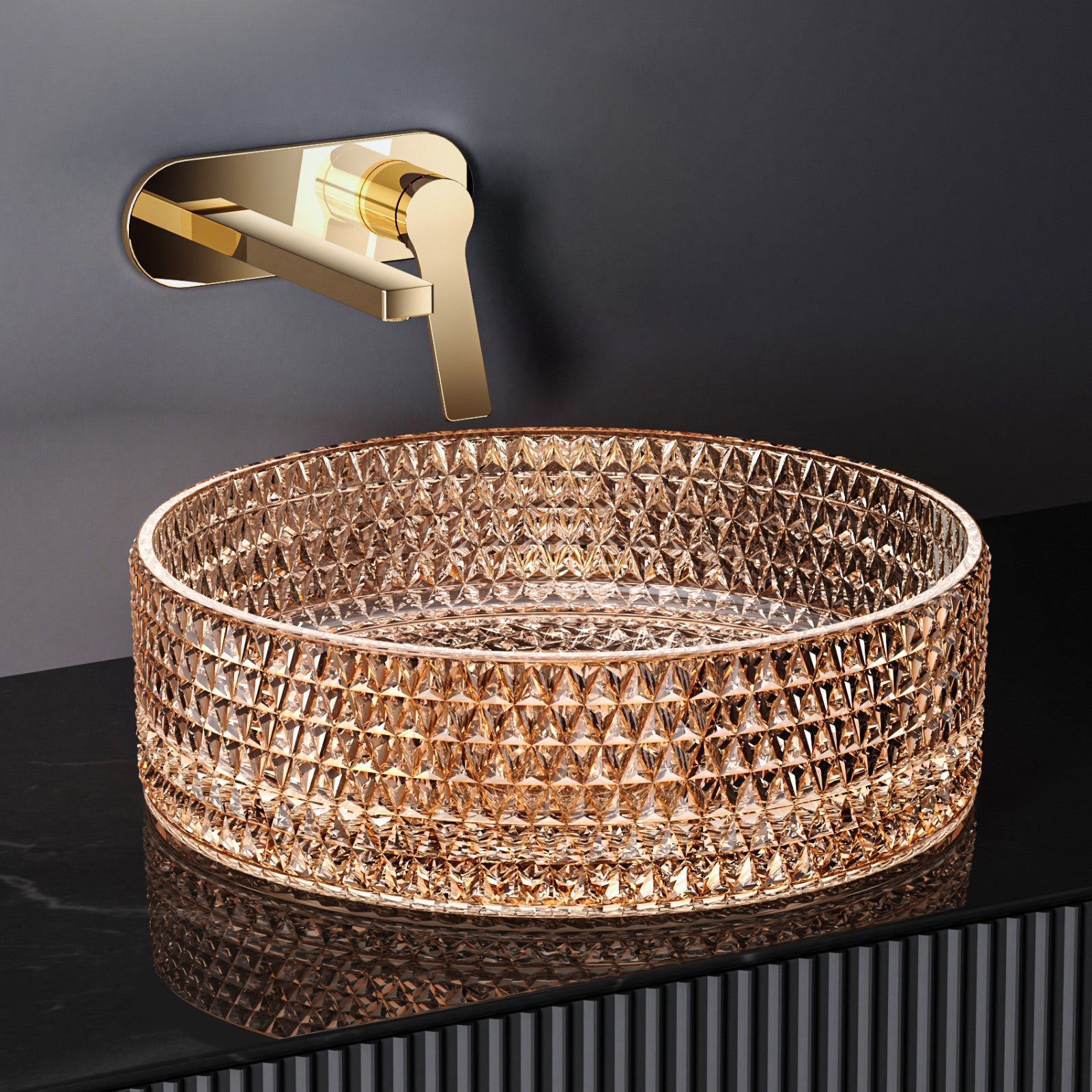 EMKE Umywalka nablatowa 36x36x11.2 cm, Okrągła umywalka szklana w kolorze różowego złota, montaż nablatowy