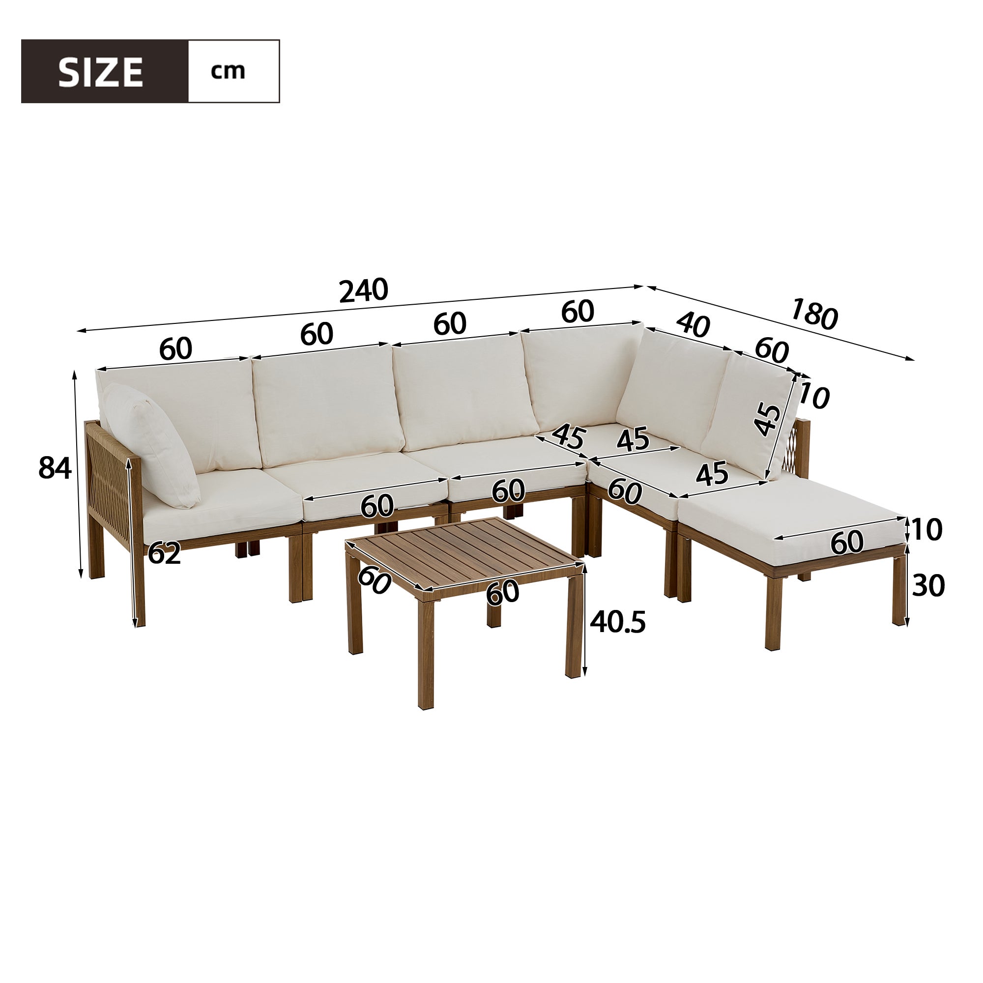 Salon de jardin modulable 6 places avec table basse carrée et pouf - 240 x 180 x 84 cm - Fer galvanisé et polyester - Beige - 5