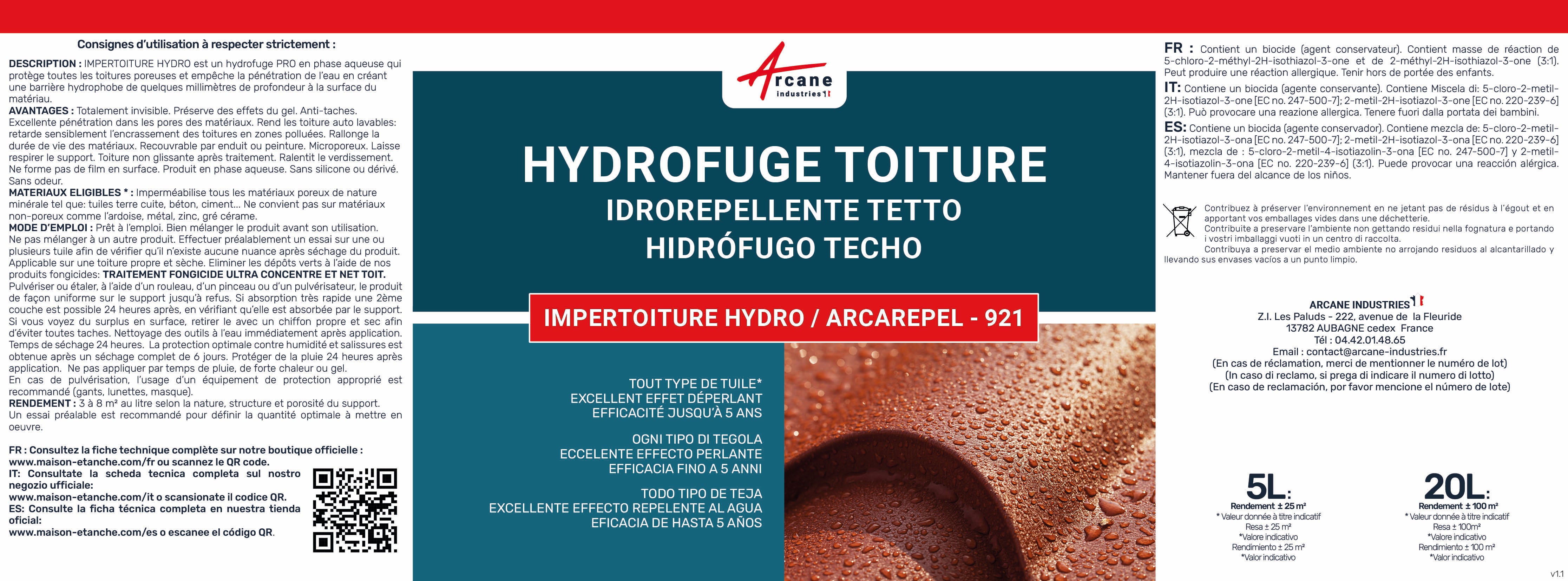 Hydrofuge Toiture, imperméabilisant toiture incolore - IMPERTOITURE HYDRO - 20 L (jusqu'à 100 m²) - ARCANE INDUSTRIES - 8