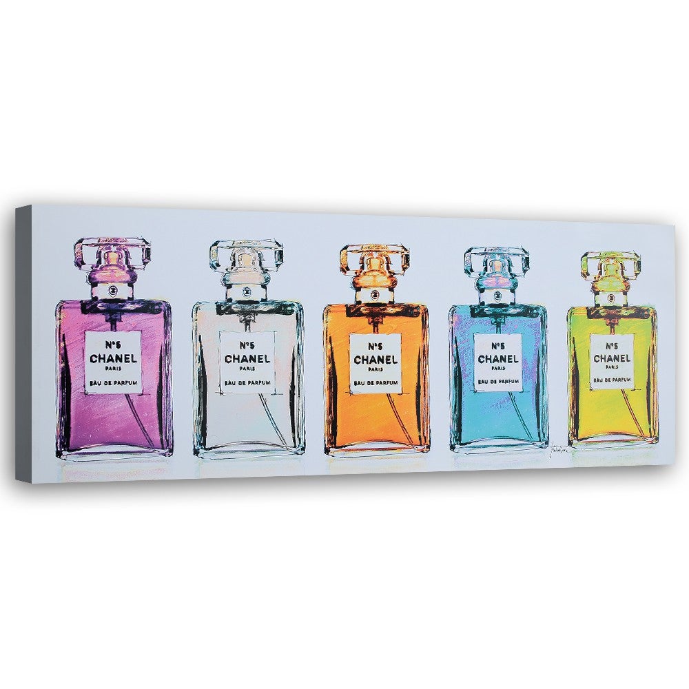 Obraz na płótnie, Kolorowe buteleczki perfum 150x50