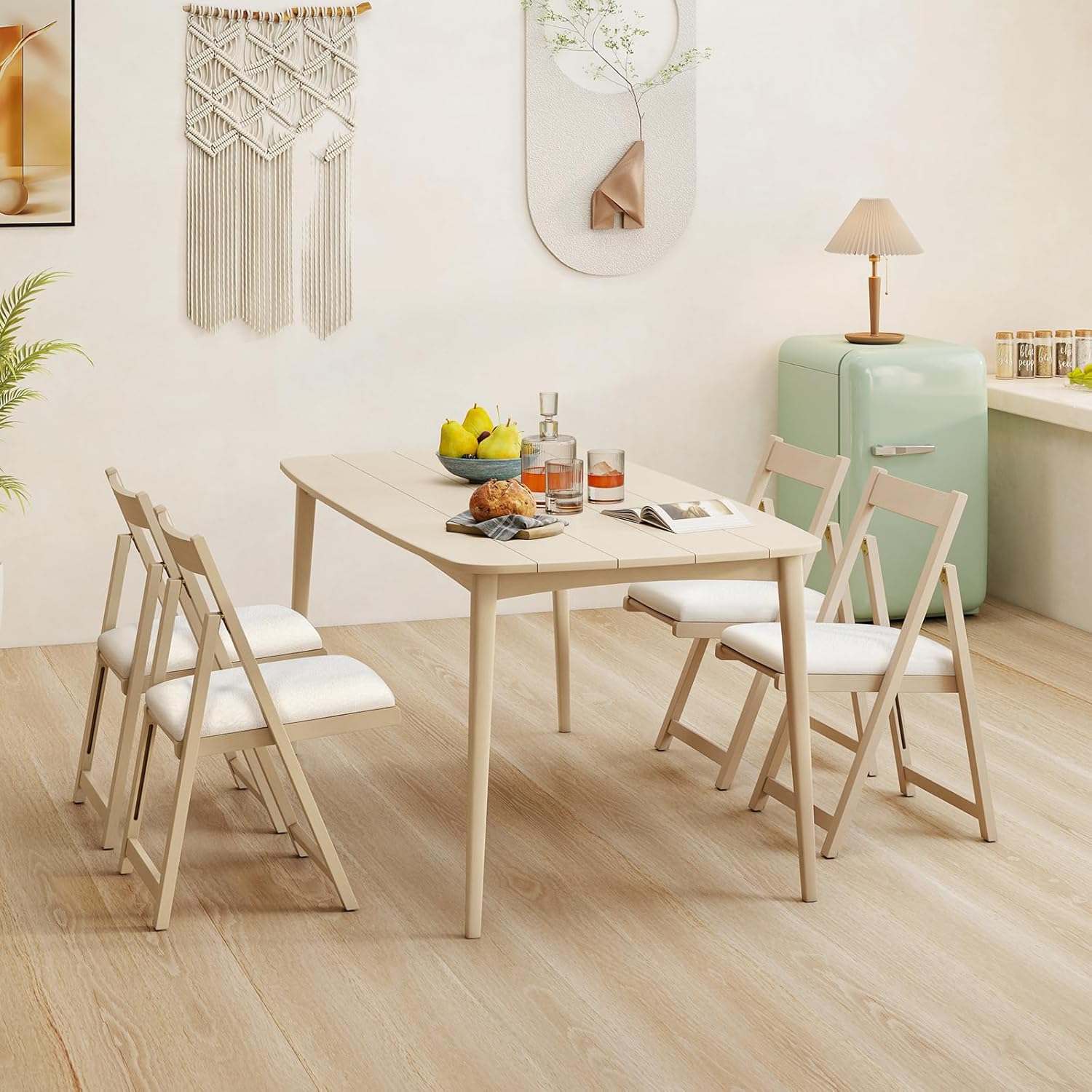 Lot de 2 Chaise Pliante avec Dossier Courbé, Chaises de Salle à Manger Rembourrées, Structure en Bois de Caoutchouc, pour Salon, Charge 150 kg, Beige - 4