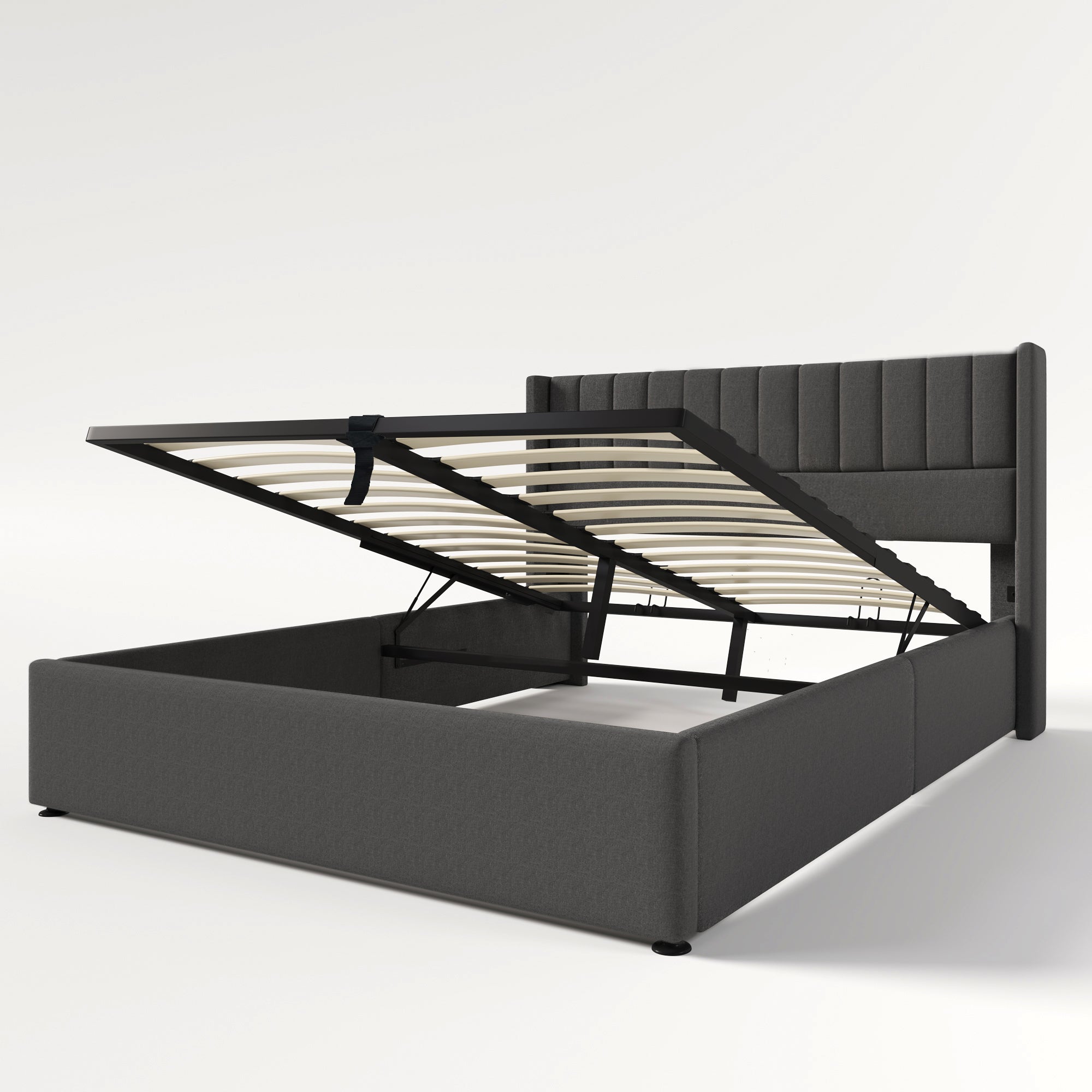 Cama contenedor tapizada 160x200 cm en lino con somier de láminas - Gris - 4