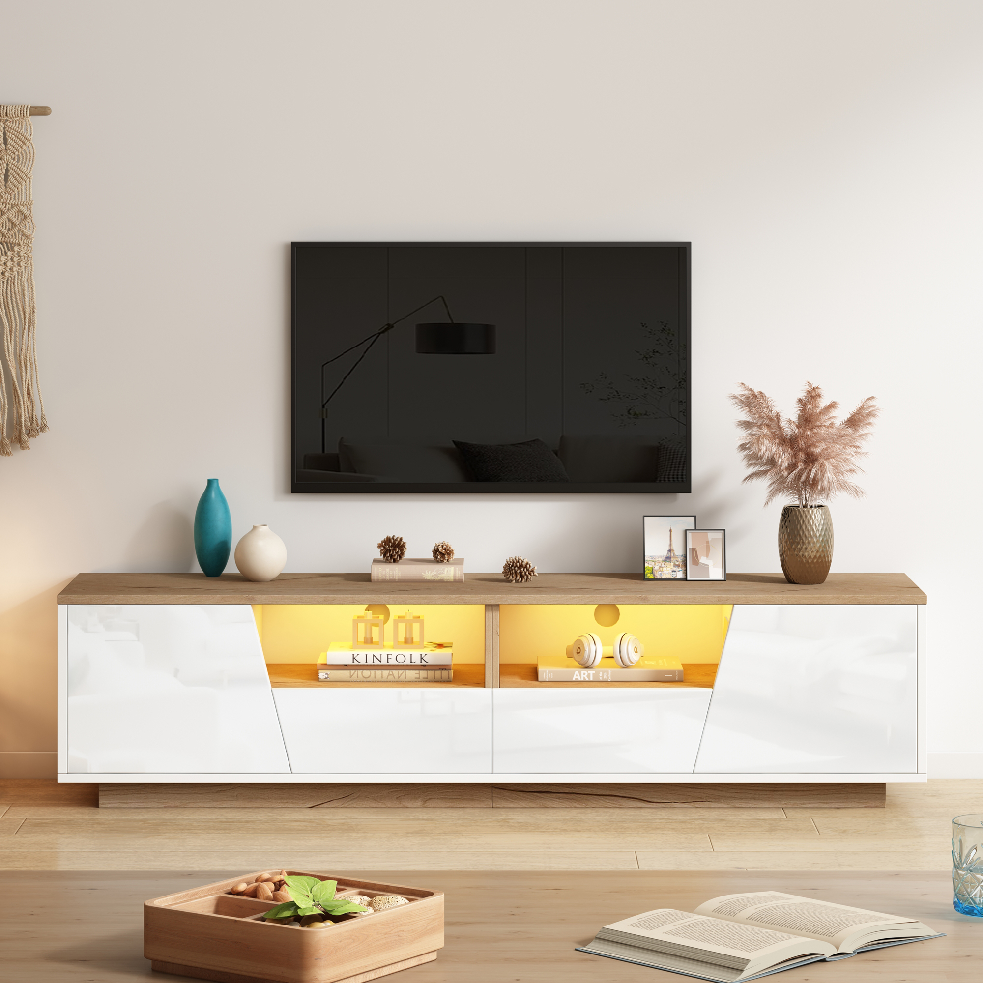 Meuble TV avec 2 portes et 2 tiroirs pour téléviseurs 75 pouces - 180 x 40 x 46 cm - Panneau de particules - Blanc + naturel - 3