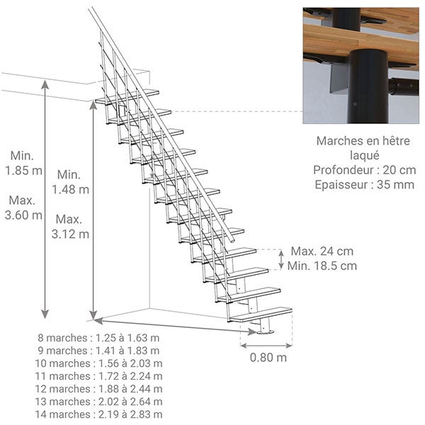 Escalier droit 12 marches - Hauteur à franchir 2.59 à 3.12m - Largeur 80cm - Structure noire et marche noyer - COMFO80/I/NN-12 - 2